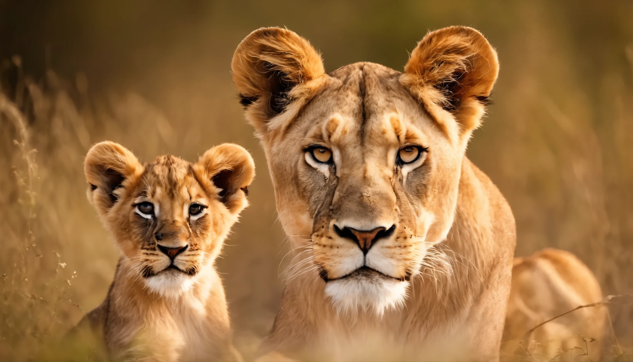 Aggressive looking lioness with short hair and big almond-shaped eyes with one cute lion cub, looking directly at the camera, on a white background