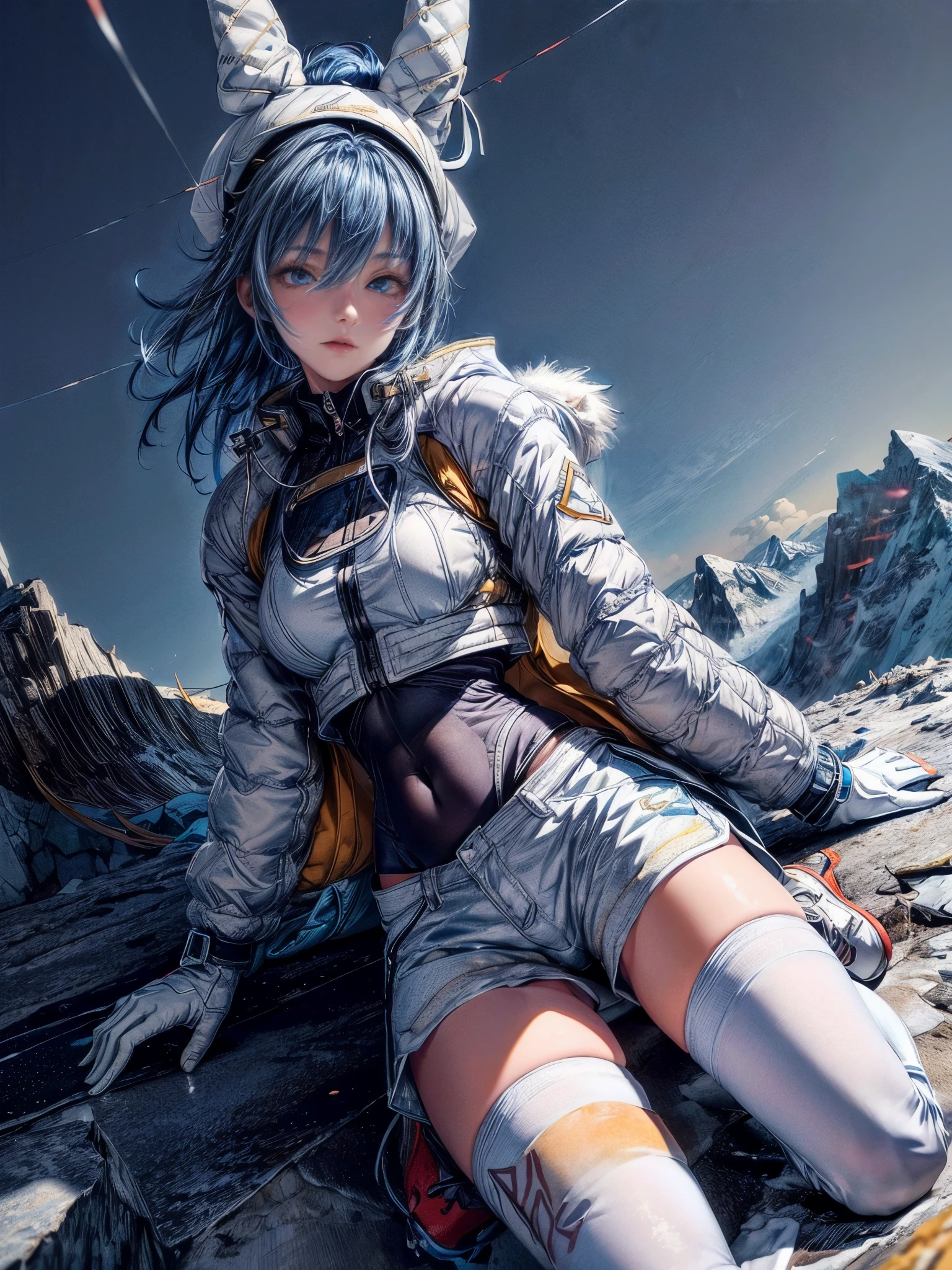 16K quality、cinematic lighting,super detailed skin、Beautiful quality with attention to detail,high resolution、perfect anatomy,(modernの日本、dim color, soothing tones:1.3)girl climbing a mountain,(詳細な美しい顔の特徴のblue hair、medium hair、blue eyes:1.3)blue hair、(white theme:1.4), (Down jacket、tech wear for mountain climbing:1.6), oversize white foodie coat,(Navel exposed knit tops:1.2) (blue line:1.3), long sleevelue front large zipper:1.2), tech logo print, BREAK,(white nylon shorts with blue line) (denim shorts), (white knee-high socks),thick climbing gloves (white and blue high heel tech sneaker、BREAK, animal ears knit hat(look around、look up:1.2)Cleared land in high altitude mountains in winter、modern、(Walk along a hiking trail with dirt on the ground:1.2)(sun and sunshine:1.2)