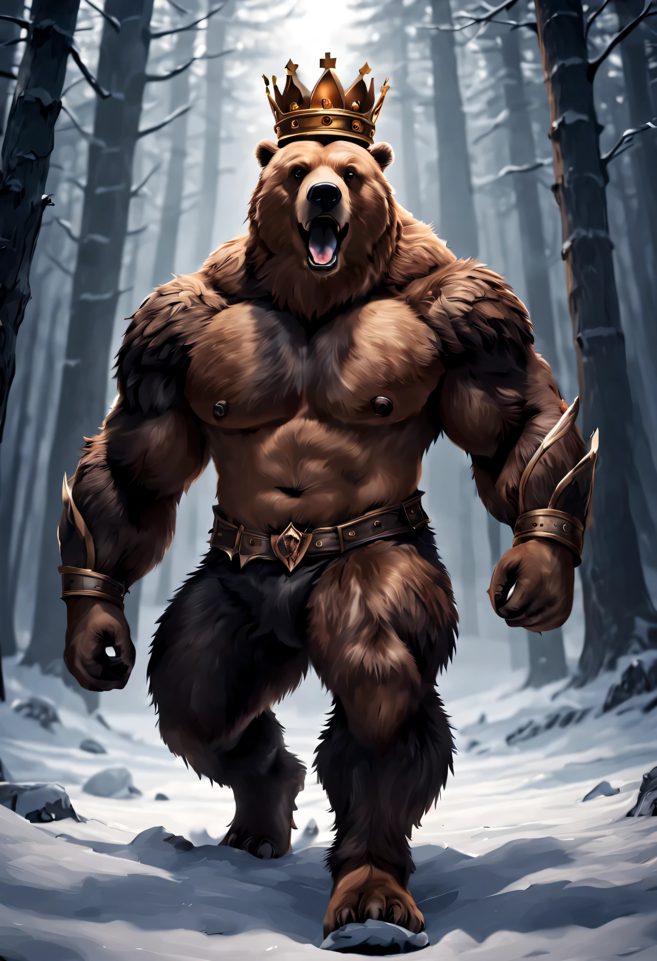 Create a realistic scene where a powerful bear wearing a crown, stands at the edge of the winter forest. Barrels of beer are placed next to him. The image should be realistic, dark atmosphere.