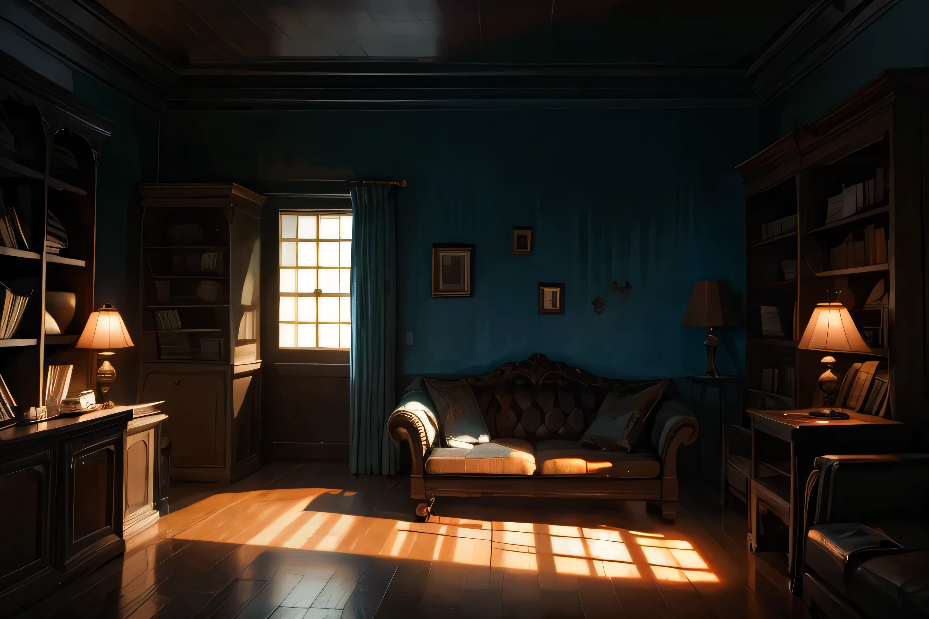 (It's dark, The room is dimly lit, night晚) [(best quality, 4K, high resolution, actual:1.2), Super detailed, moody lighting], [The atmosphere is gloomy, mysterious shadow], [antique furniture, dusty bookshelf], [Flickering candlelight, soft light], [old wooden floor], [outline of object, obscured by darkness], [The faint moonlight flows through the window], [quiet, eerie silence], [suspenseful, nervous mood], [night, quiet氛围], [pastel colors, Desaturate Hue], [Feelings of isolation, ].