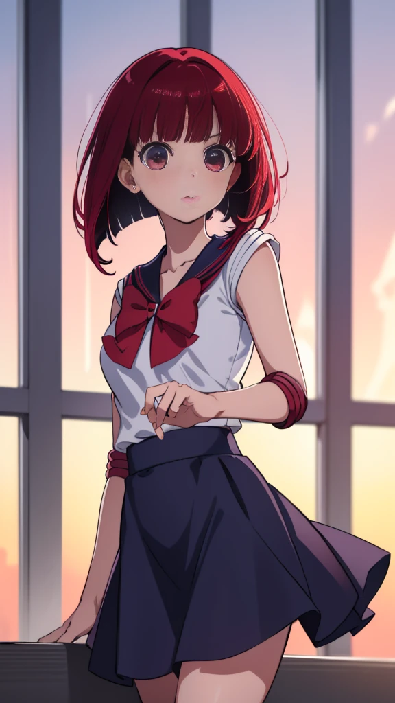 Kana Arima, Arima maybe, bob cut, (red eyes:1.5), redhead, short hair, have, Sailor Moon Cosplay,
break looking at viewer, Sailor Moon Costumes，classroom,sailor moon,skirt、Sailor uniform with a big ribbon、青いskirt、
break (masterpiece:1.2), highest quality, High resolution, unity 8k wallpaper, (figure:0.8), (beautiful and fine eyes:1.6), highly detailed face, perfect lighting, Very detailed CG, (perfect hands, perfect anatomy),