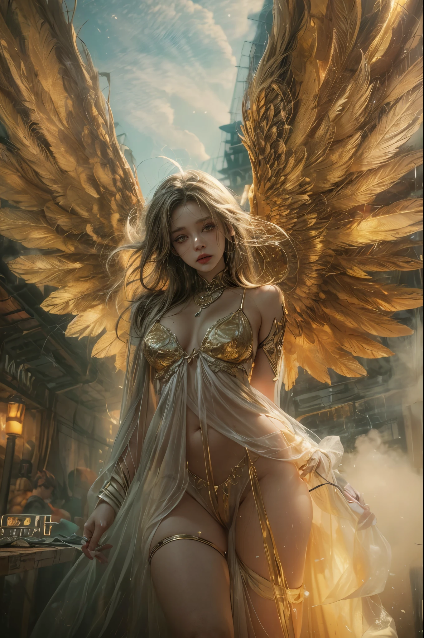 A photograph captures a fleeting moment where a girl embodies the essence of both an angel and a cyberpunk-steampunk muse. Amidst swirling smoke, use the ((golden hour)) to infuse the scene with warmth, highlighting the ((emotional)) juxtaposition of ethereal wings and futuristic elements.