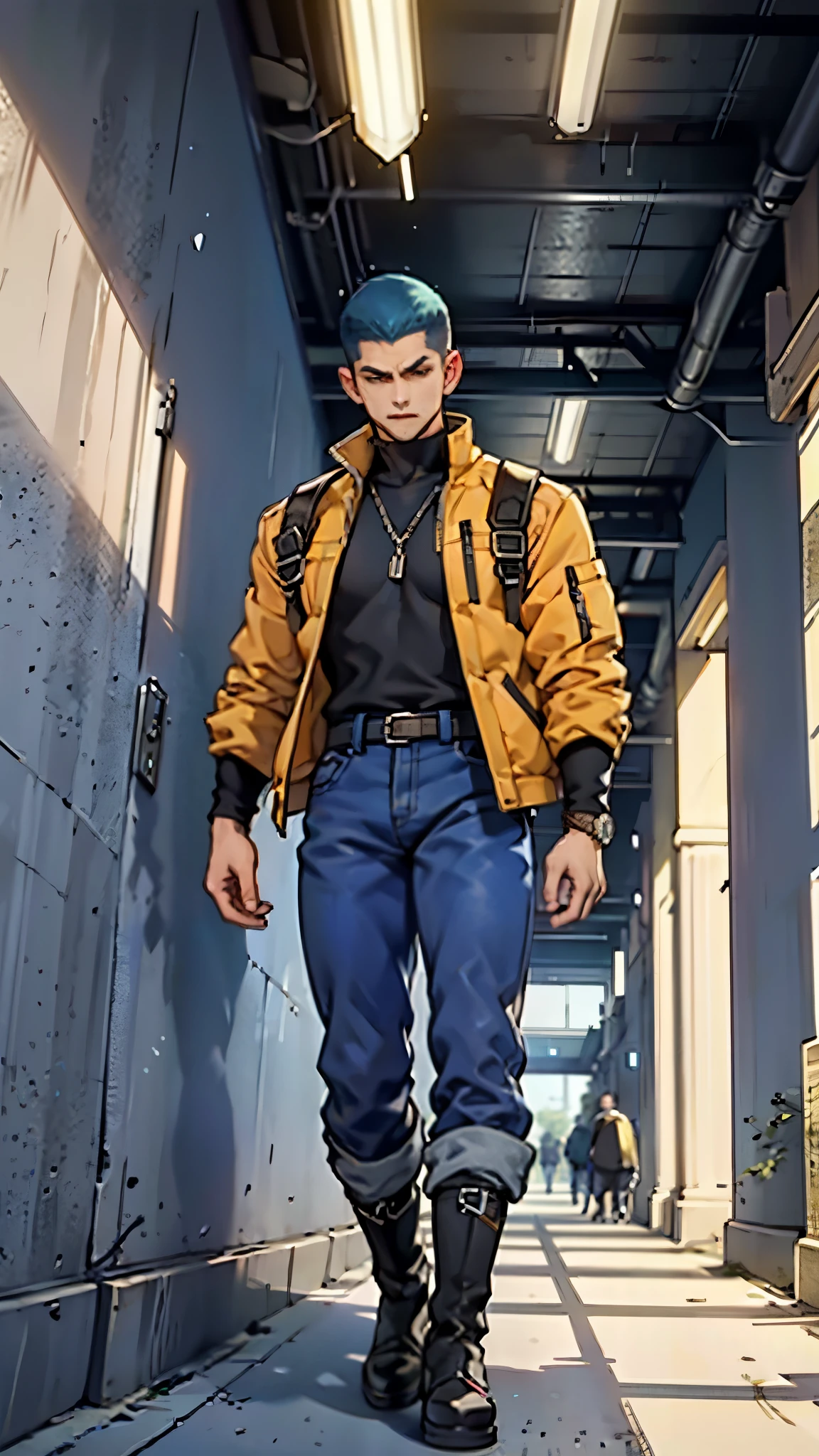 In the backdrop of an ancient fantasy-reality setting, a youth sporting a platinum crew cut displays a piercing gaze and confident demeanor. Adorned in a two-piece fusion outfit, seamlessly blending Western and Eastern influences, he wears a snug dark top paired with a vibrant yellow-blue short jacket. The lower half features loose white utility pants, and his sturdy long boots echo through the corridors of an antiquated architectural landscape. The overall aesthetic captures the essence of a refined and mature anime-inspired rogue, symmetrical face, extremely detailed eyes and face, high quality eyes, high definition, highres, ultra-fine painting, exquisite and mature, extremely delicate, professional, anatomically correct, creativity, UHD, HDR, 32k, Natural light, cinematic lighting, best shadow, masterpiece-anatomy-perfect, best quality, masterpiece, ultra-detailed