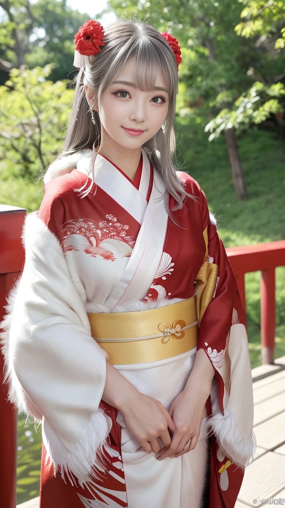 A sunny shrine,Approach,torii,beautiful and magnificent composition, 1girl,full body,standing,wears an ornament on the head,Japanese traditional hair set,kanzashi,Kyoto Kimono Yuzen furisode:1.5,(Red Kimono :1.5),(white swan fur shawl:1.5),best quality,In 4K,8K,High resolution,muste piece:1.2,Reality,anatomically correct,Use natural light and color,ultra-realistic capture, extremely detailed,人間の皮膚のHigh resolution16kクローズアップ,Skin texture must be natural, Enough detail to finely identify pores,healthy white skin,highly detailed eyes and face,beautiful detailed eyes,beautiful detailed lips,long eyelashes,It's photorealistic:1.37,Japanese,muste piece,Attractive,cute type,silky smooth hair,A sloppy smile,((silver hair color))