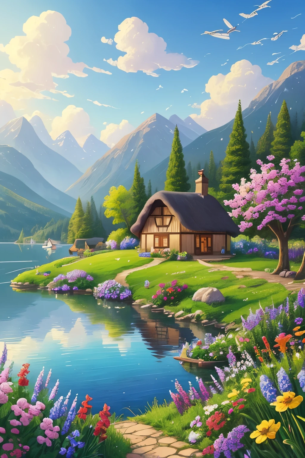 painting of a cottage, flowers beside of fence, fence along the road,  mountain landscape with a lake and a boat, birds flying in the blue sky, illustration matte painting,  inspired by Thomas Kinkade, symmetric matte painting, detailed scenery , style raw, 8 k ultra detailed