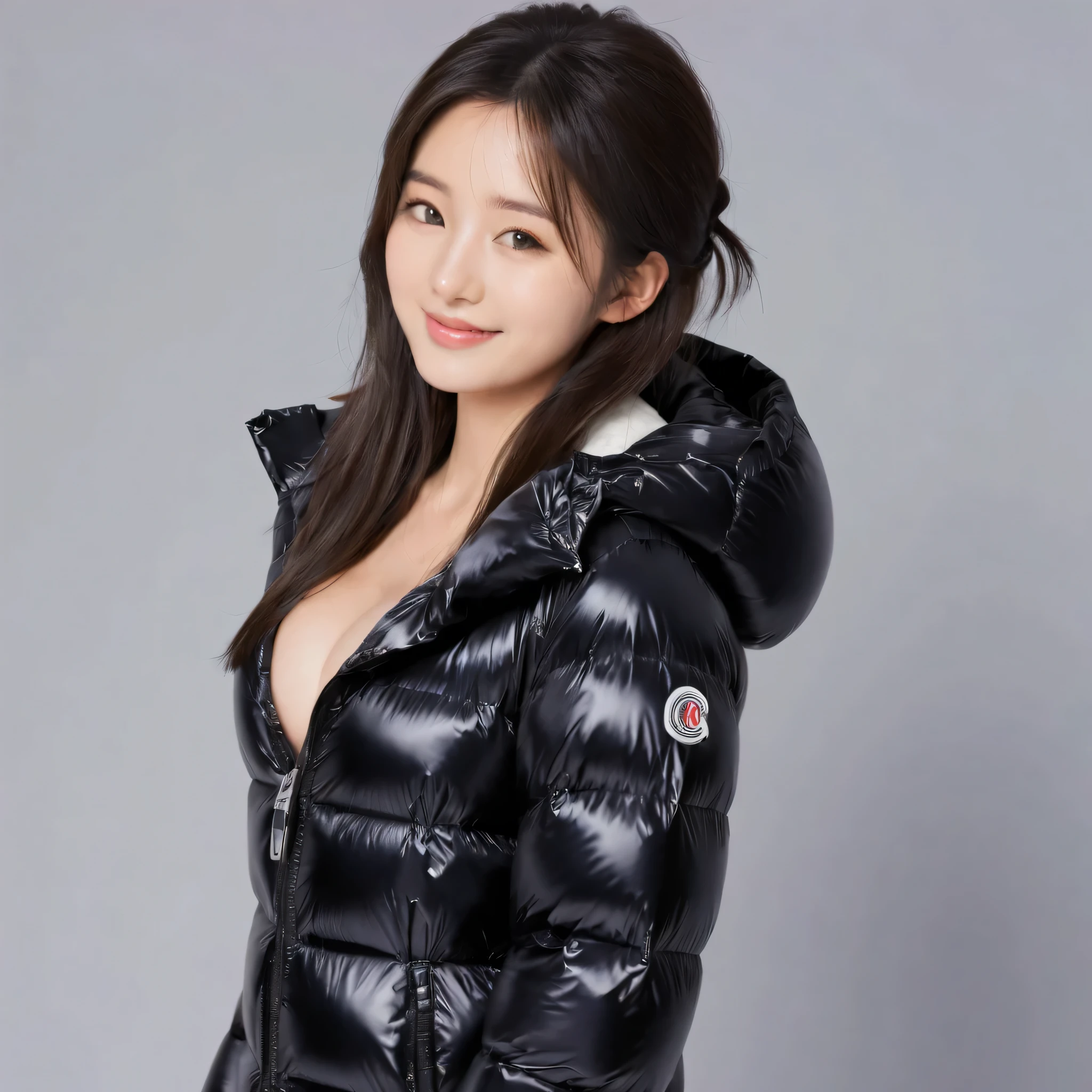 ((best quality)), ((masterpiece)), (detailed), perfect face, beautiful 16 year old Japanese woman, silk tight black moncler puffer coat, seductive,  smiling, happy, curvy figure, ((tight puffer coat)), fur hood, silk bra, large breasts, open coat, cleavage, thick bra straps