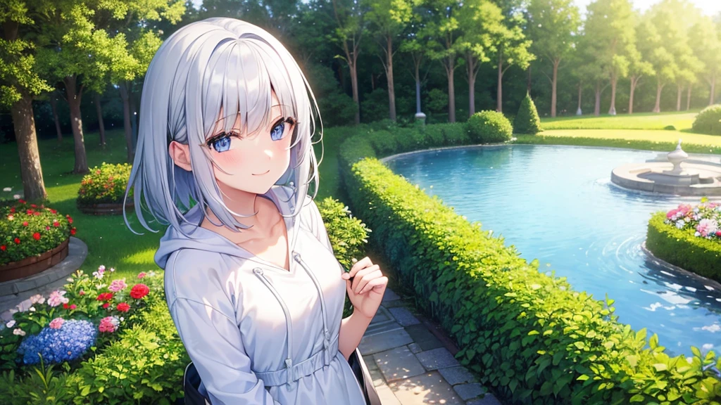 super high quality, with a girl, 20-year-old, very short hair, long bangs between the eyes, pale blue eyes , blue sky, sunlight, very detailed,(masterpiece、highest quality)、alone、gray hair、laughter、White skin as clear as snow、fantasy, silver hair, black eye, beautiful eyes,, ecstasy, charm, be smitten with audience, landscape shorts、white hoodie、Hoodie with open front、black shirt、fountain in the forest、flower garden、A smile in the sky、