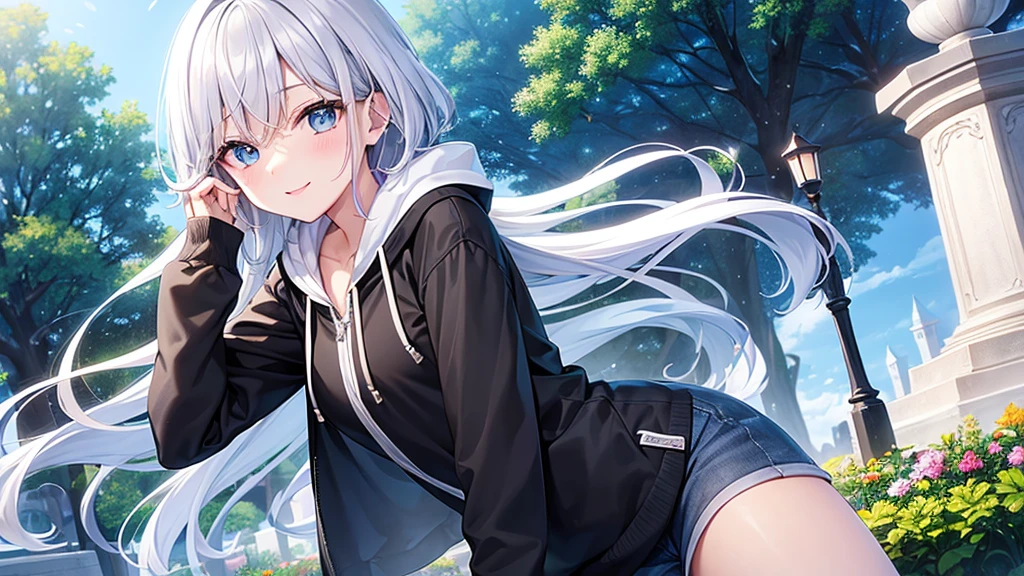 super high quality, with a girl, 20-year-old, very short hair, long bangs between the eyes, pale blue eyes , blue sky, sunlight, very detailed,(masterpiece、highest quality)、alone、gray hair、laughter、White skin as clear as snow、fantasy, silver hair, black eye, beautiful eyes,, ecstasy, charm, be smitten with audience, landscape shorts、white hoodie、Hoodie with open front、black shirt、fountain in the forest、flower garden、A smile in the sky、