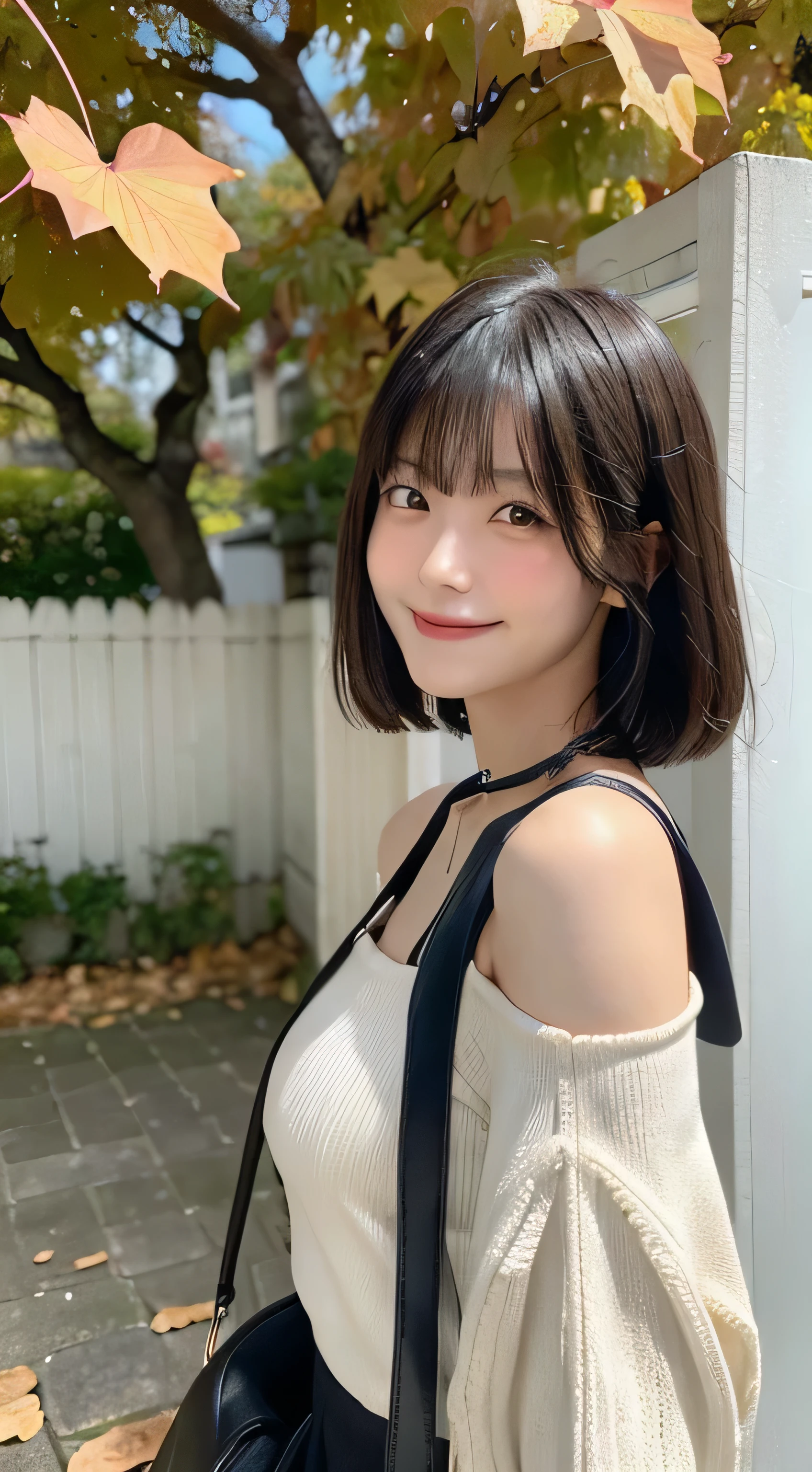 (top-quality,​masterpiece:1.3,超A high resolution,),(ultra-detailliert,Caustics,8K),(Ultra-dense muscle,Photorealsitic:1.4,RAW shooting),(Stand upright facing the front:1.1)Drape the shoulder bag over your shoulder,(Hold the shoulder bag laces between your cleavage:1.1),White knitted dress,女の子1人,japanes,20yr old,kawaii,A dark-haired,Shorthair,(large boob:1.2),looking happy smile,Ginkgo in autumn leaves,Looking at the camera,(facing front)