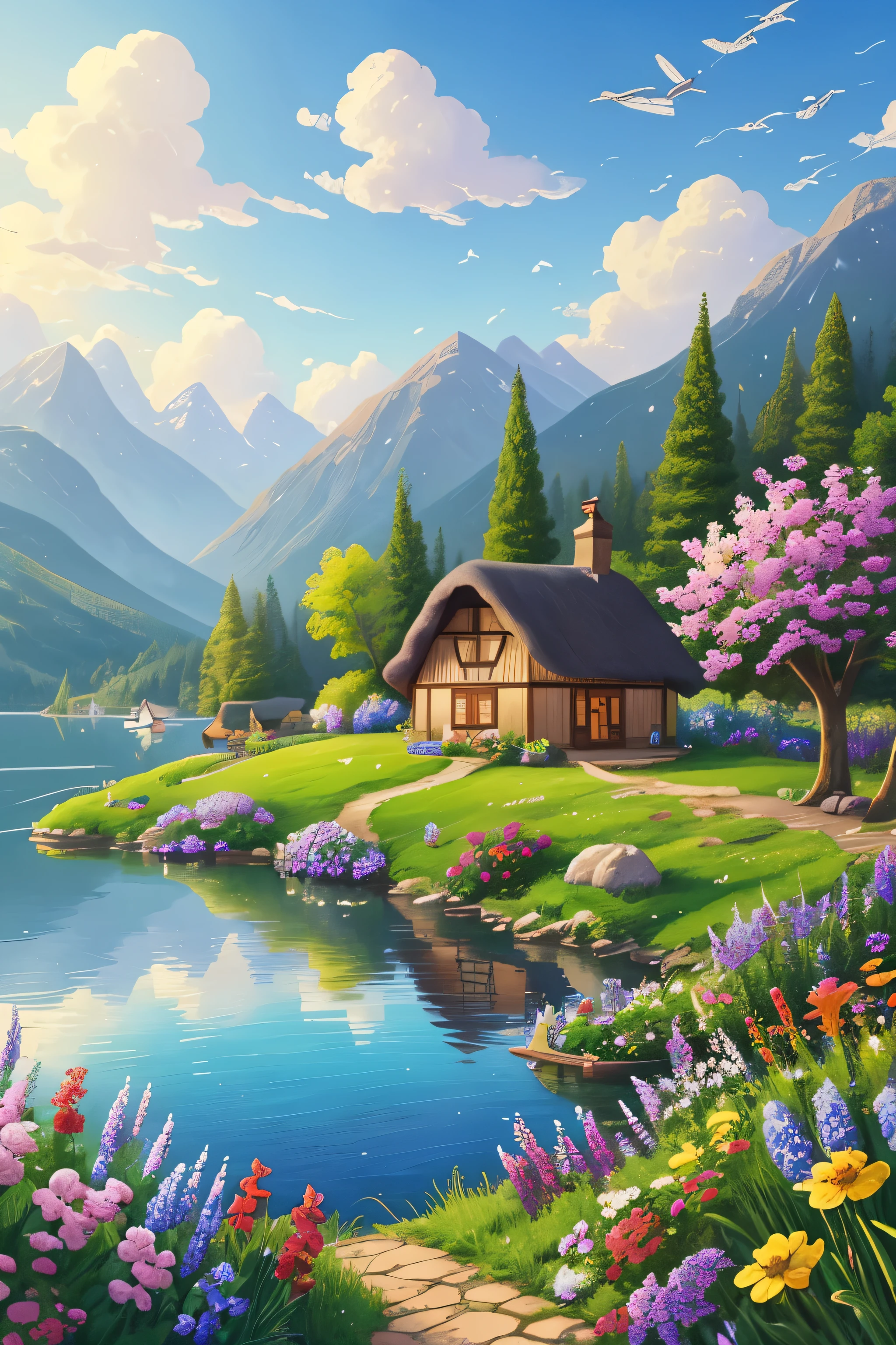 painting of a cottage, flowers beside of fence, fence along the road,  mountain landscape with a lake and a boat, birds flying in the blue sky, illustration matte painting,  inspired by Thomas Kinkade, symmetric matte painting, detailed scenery , style raw, 8 k ultra detailed