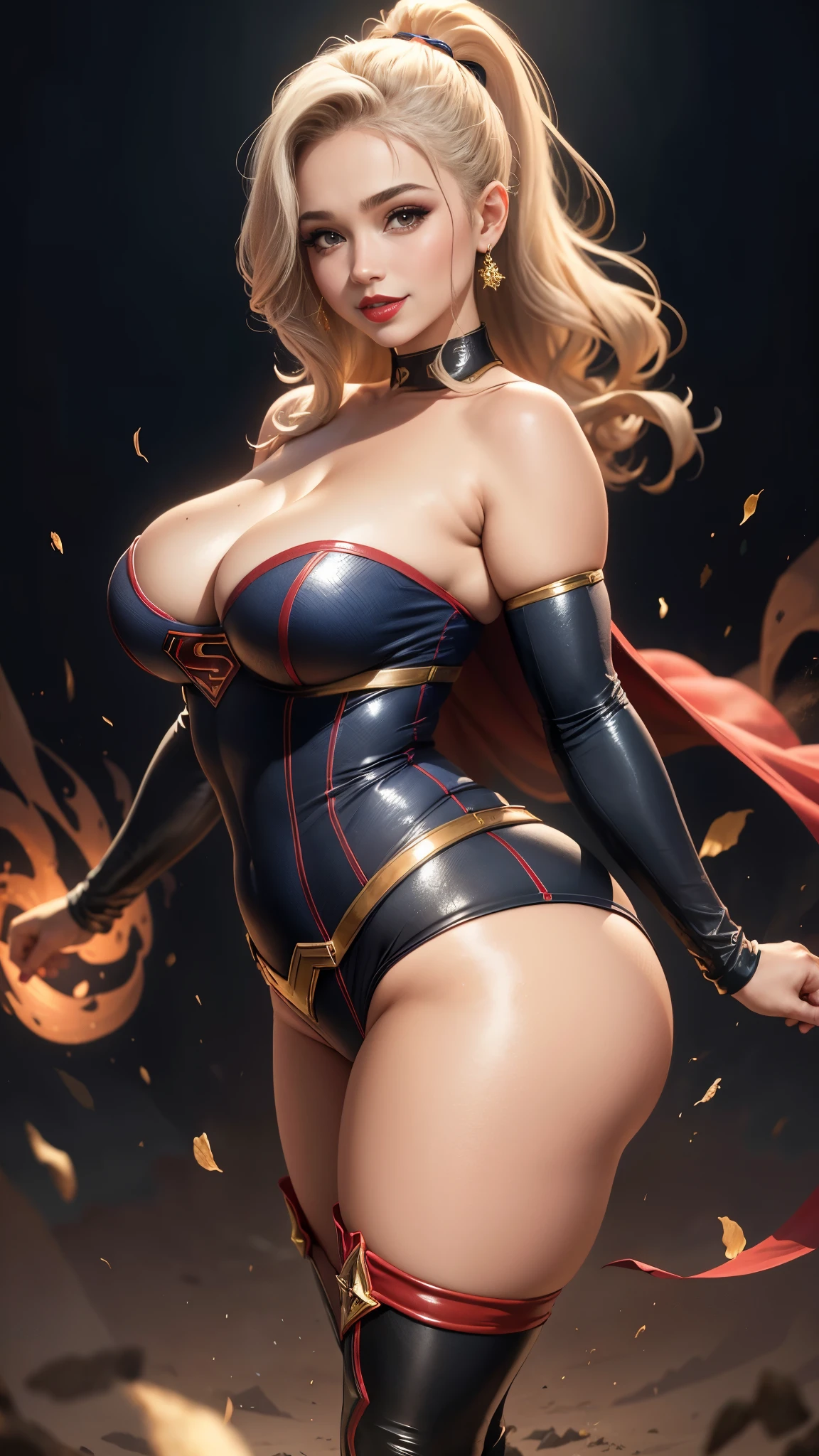 Supergirl, 18 anos, Mulher bonita cabelo loiro curto,corpo definido, (BBW), seios grandes, seios grandes, seios grandes,Red lipstick,sorrindo levemente,hands free,Desfilando, vestindo Corselet azul com liga Supergirl,calcinha fio dental vermelha,7/8 meia bege transparente,sem cabo, clube de strip, dance pole, (curvy:1.5), (from side:1.2)