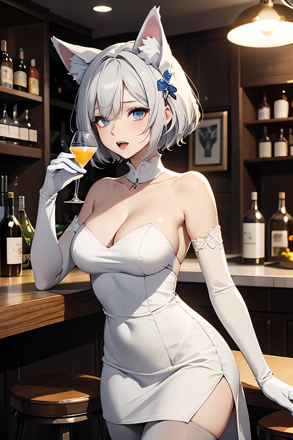 table top High level image quality best image quality 8K adult woman Portrait white long gloves white pantyhose((blanche)) cocktail dress((Tube top)blanche)) wolf ears short hair((shortcut)(gray hair)(perm)(fluffy)) eye color is blue sleepy face((yawn)(close one eye)) Holding a glass background(bar counter)