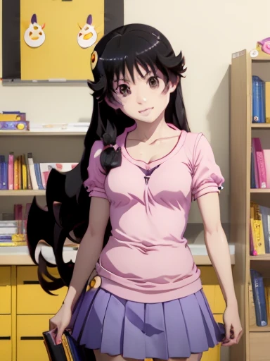 masterpiece, 1 girl, medium breasts, One, Araragi Karen, hair ornament, egg hair ornament, side tail, Black hair, food-themed hair ornament, fried egg, Looking at the viewer, egg (food), long hair, (Black eyes:1.1), purple skirt, Without sleeves, pink shirt, Homework, Books, holding a pencil, grin