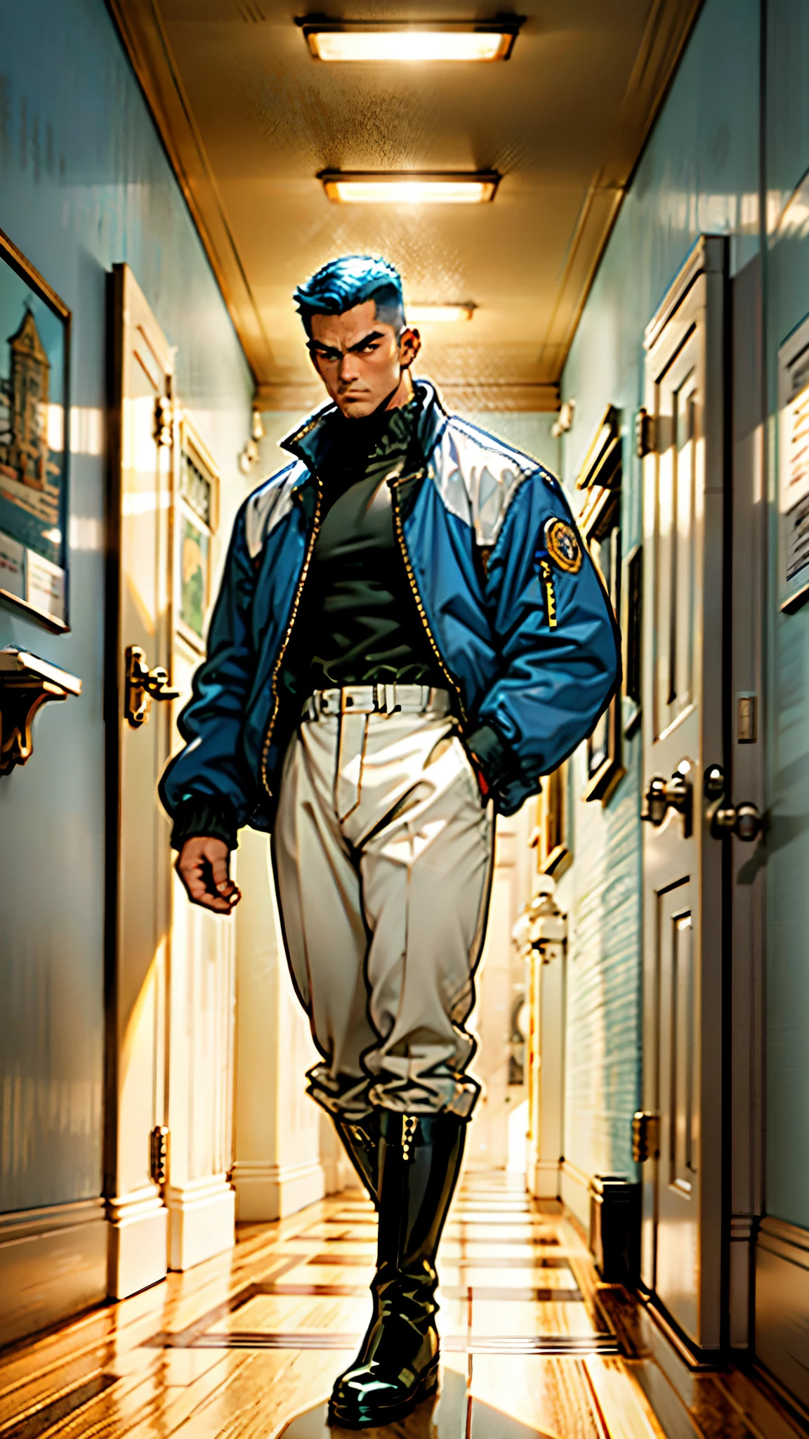 In the backdrop of an ancient fantasy-reality setting, a youth sporting a platinum crew cut displays a piercing gaze and confident demeanor. Adorned in a two-piece fusion outfit, seamlessly blending Western and Eastern influences, he wears a snug dark top paired with a vibrant yellow-blue short jacket. The lower half features loose white utility pants, and his sturdy long boots echo through the corridors of an antiquated architectural landscape. The overall aesthetic captures the essence of a refined and mature anime-inspired  rogue, symmetrical face, extremely detailed eyes and face, high quality eyes, high definition, highres, ultra-fine painting, exquisite and mature, extremely delicate, professional, anatomically correct, creativity, UHD, HDR, 32k, Natural light, cinematic lighting, best shadow, masterpiece-anatomy-perfect, best quality, masterpiece, ultra-detailed