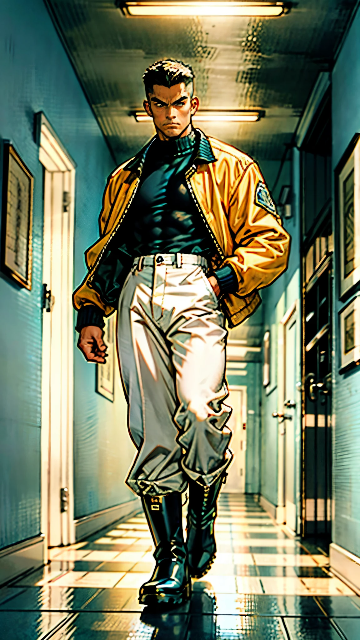 In the backdrop of an ancient fantasy-reality setting, a youth sporting a platinum crew cut displays a piercing gaze and confident demeanor. Adorned in a two-piece fusion outfit, seamlessly blending Western and Eastern influences, he wears a snug dark top paired with a vibrant yellow-blue short jacket. The lower half features loose white utility pants, and his sturdy long boots echo through the corridors of an antiquated architectural landscape. The overall aesthetic captures the essence of a refined and mature anime-inspired  rogue, symmetrical face, extremely detailed eyes and face, high quality eyes, high definition, highres, ultra-fine painting, exquisite and mature, extremely delicate, professional, anatomically correct, creativity, UHD, HDR, 32k, Natural light, cinematic lighting, best shadow, masterpiece-anatomy-perfect, best quality, masterpiece, ultra-detailed