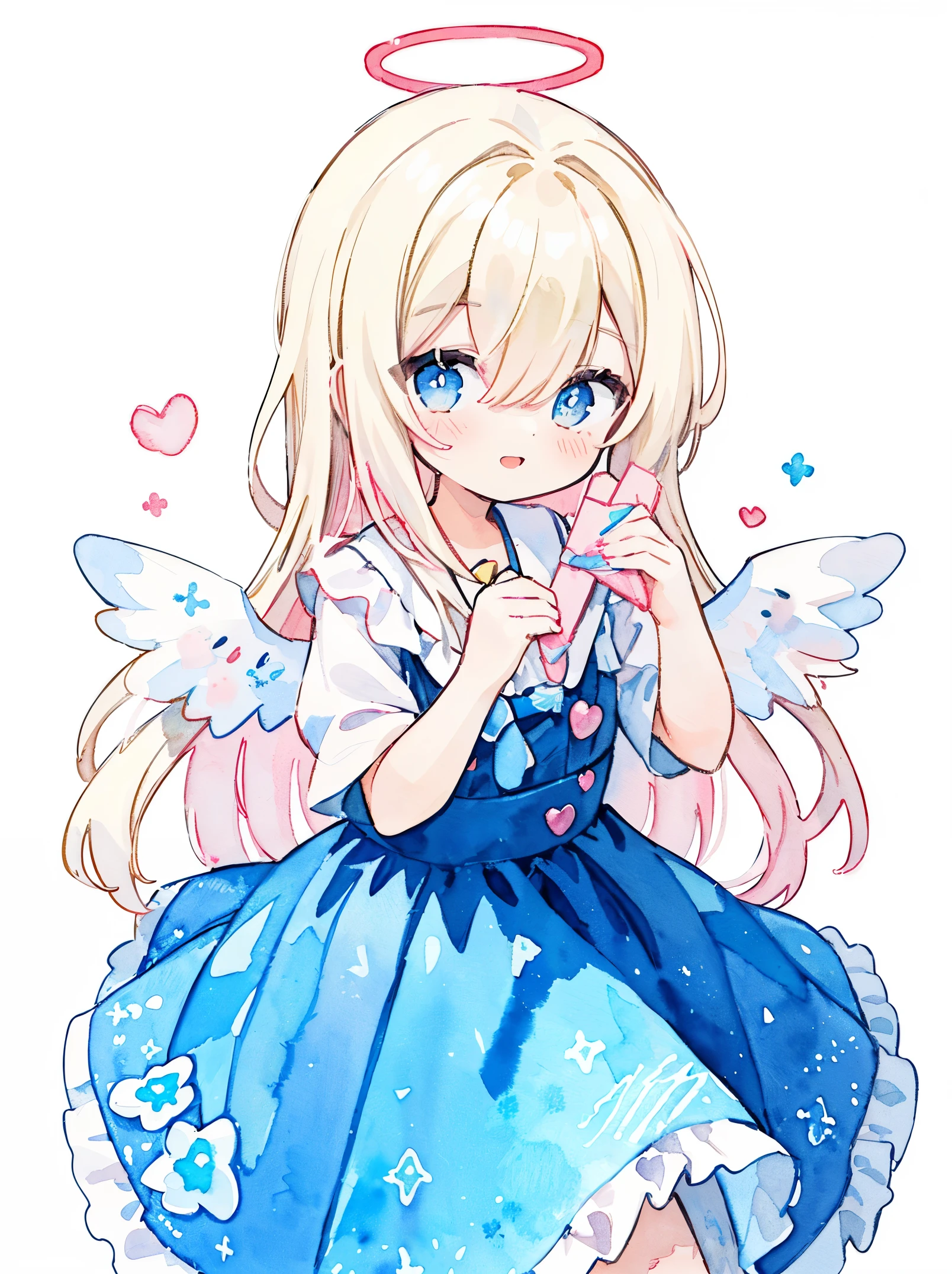 (Pastelcolors:1.5)、(cute illustration:1.5)、(watercolor paiting:1.2)、(1 girl:1.0)、hair between eyes、(color: 1.5), (cute illustration: 1.5), (watercolor: 1.2), (1 girl: 1.0), (1 girl: 1.2), hair between eyess, White background, girl, whole body espian, angel girl, with a halo on his head, tutu skirt design, angel design, style, Double layer blue dress, twinkling heart, swaying blonde hair, haze, Smile