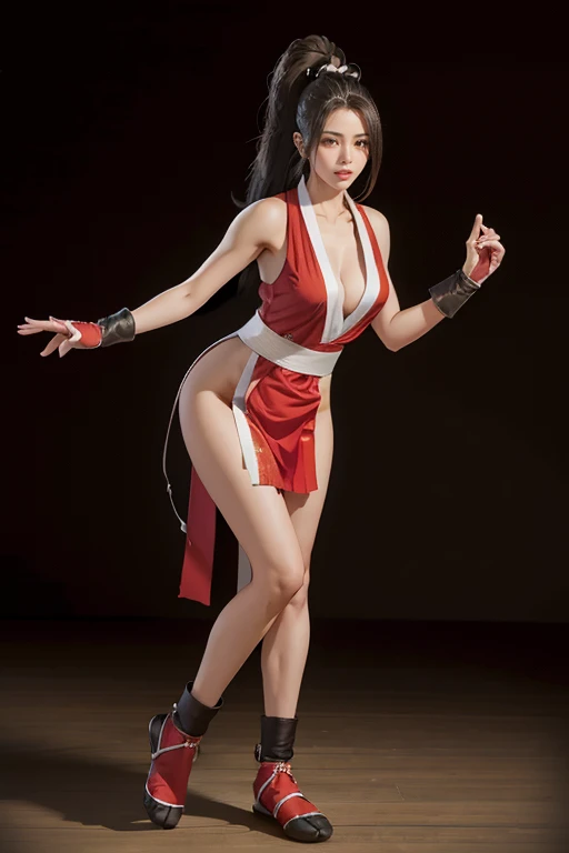 (mai shiranui:1.4), (tabi:2.0), (Full body portrait:2.0), Full body, (Realism), (masutepiece:2.0), (Best Quality), (ultra-detailliert), (8K, 4K, Convoluted), (Flat Lighting:1.2), (skinny), Prestige, Brown eyes, Long hair, brown eyes, long hair, brown hair, white ribbon, sleeveless, ponytail, sash, pelvic curtain, arm guards, gloves, tabi, fascinated expression, Sexy eyes, slim, medium breasts, Smile, Cute, view the viewer, Long hair, Close to Japan temple, (breasts focus:1.2), (Realistic:1.2), (Full Shot: 1.2), (85 mm), light Particle, Lighting, (Highly detailed:1.2), (Detailed face:1.2), (gradients), SFV, Colorful, (Detailed eyes:1.2), (Detailed temples of Japan: 1.2),(Detailed background), (Dynamic Angle:1.2), (Dynamic Pose:1.2), (Line of action:1.2), Wide Shot, Daylight, Solo.