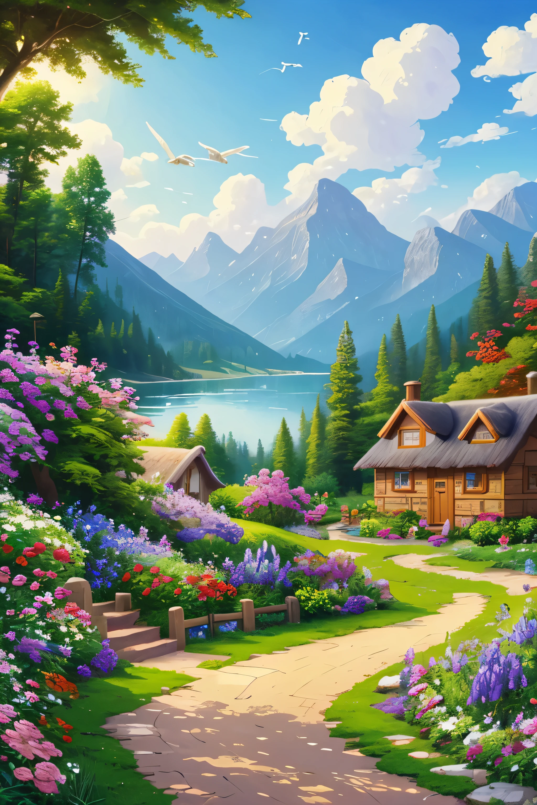 painting of a cottage, flowers beside of fence, fence along the road, mountain landscape with a lake and a boat, birds flying in the blue sky, illustration matte painting, inspired by Thomas Kinkade, symmetric matte painting, detailed scenery , style raw, 8 k ultra detailed