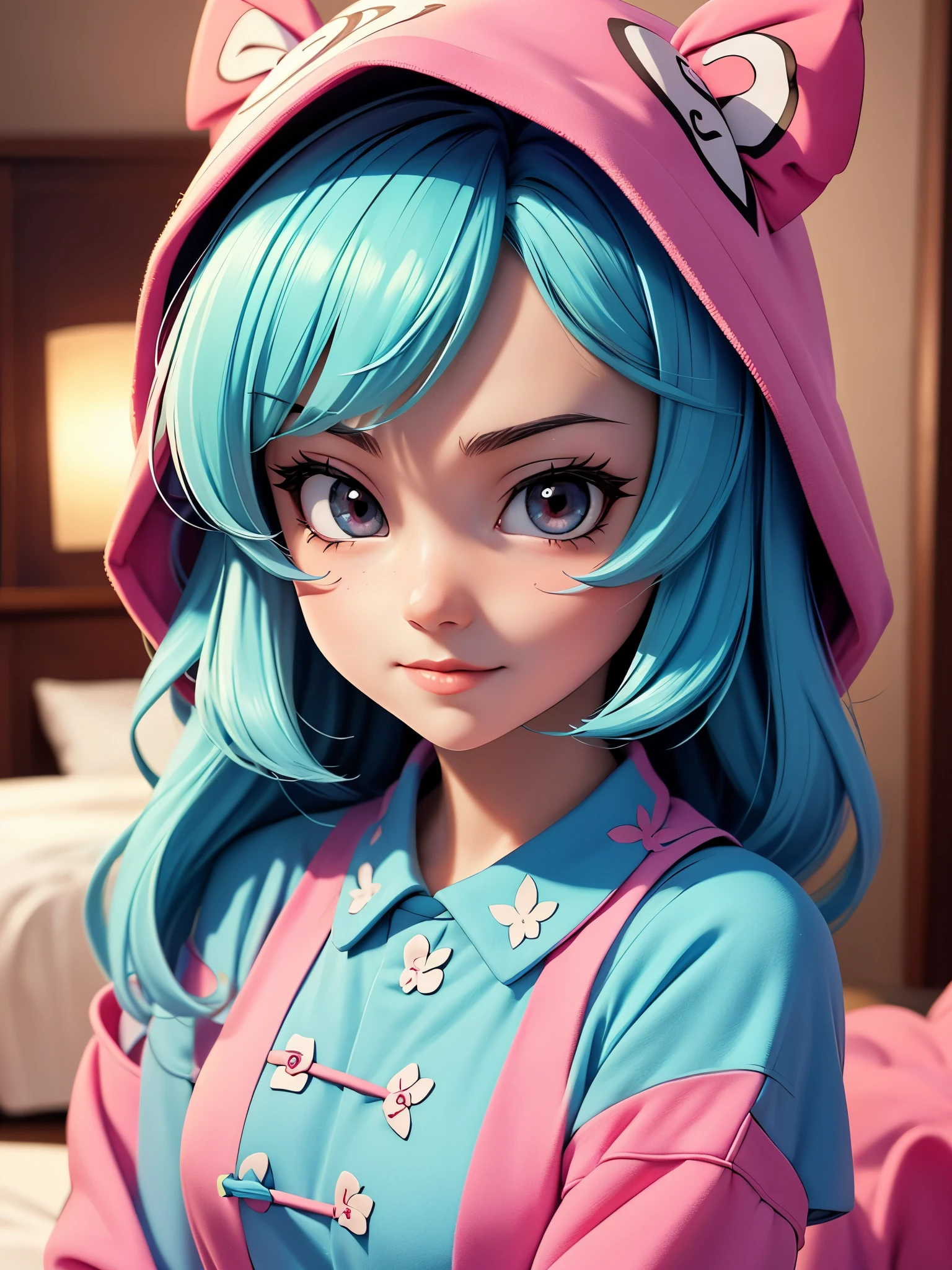 (2D anime style), two girls in a pajama party wearing dragon hood onesie pajama, vibrant colors, girly room, soft pastels, beautiful 2D illustration, intricately detailed, focus on face, detailed face, sharp image, (touhou proyect merged with rozen maiden), (((cel-shaded))), ((cel shading)), ink contours
