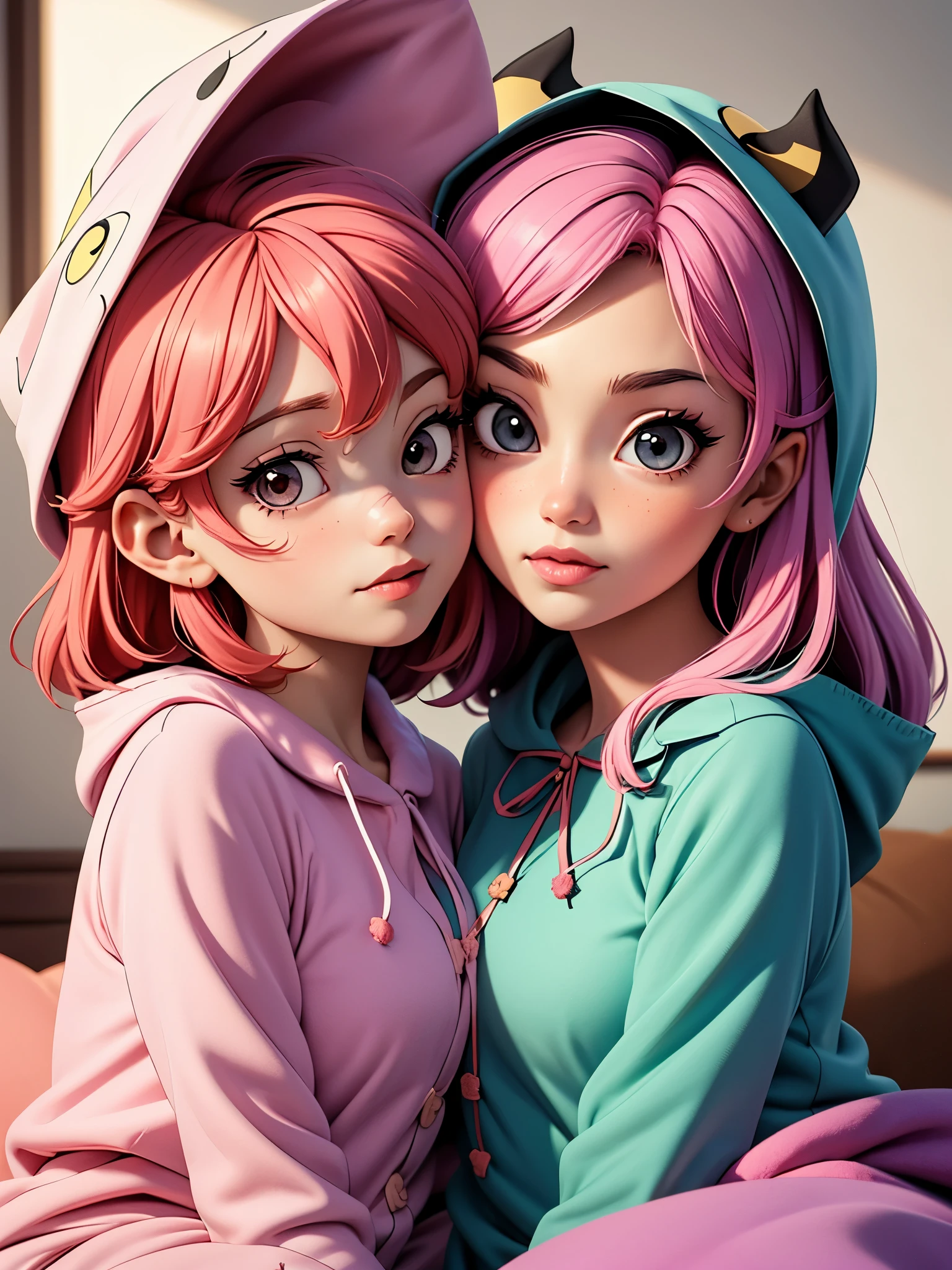 A pink haired female reaper with violet eyes and an hourglass figure in cute summer dresses is posing with an orange haired female reaper with green eyes with an hourglass figure in a park with smiles