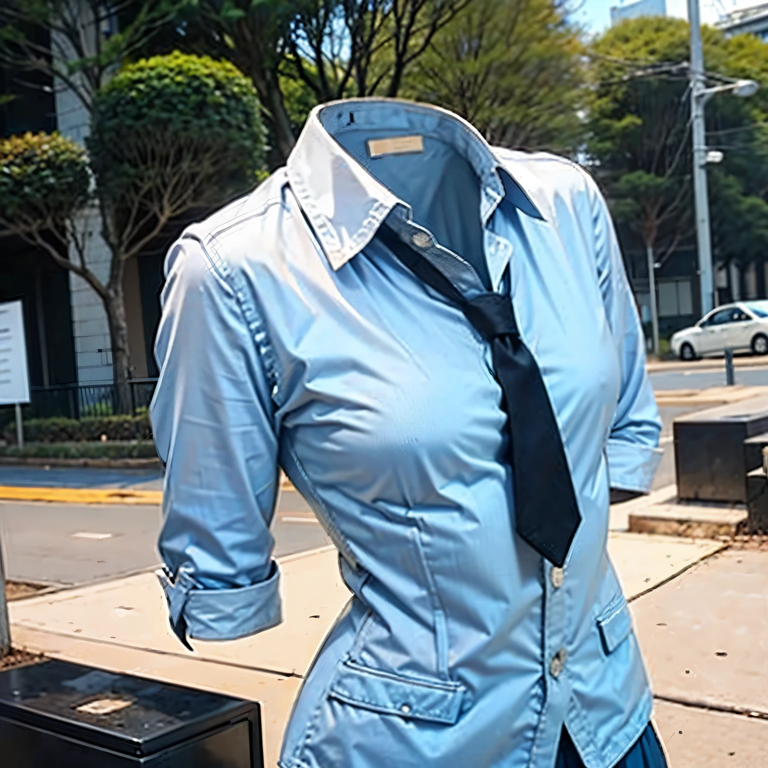 (school uniform), park, cute pose, (invisible, no humans, headless, faceless:1.5), (close-up to breasts), cute big breasts