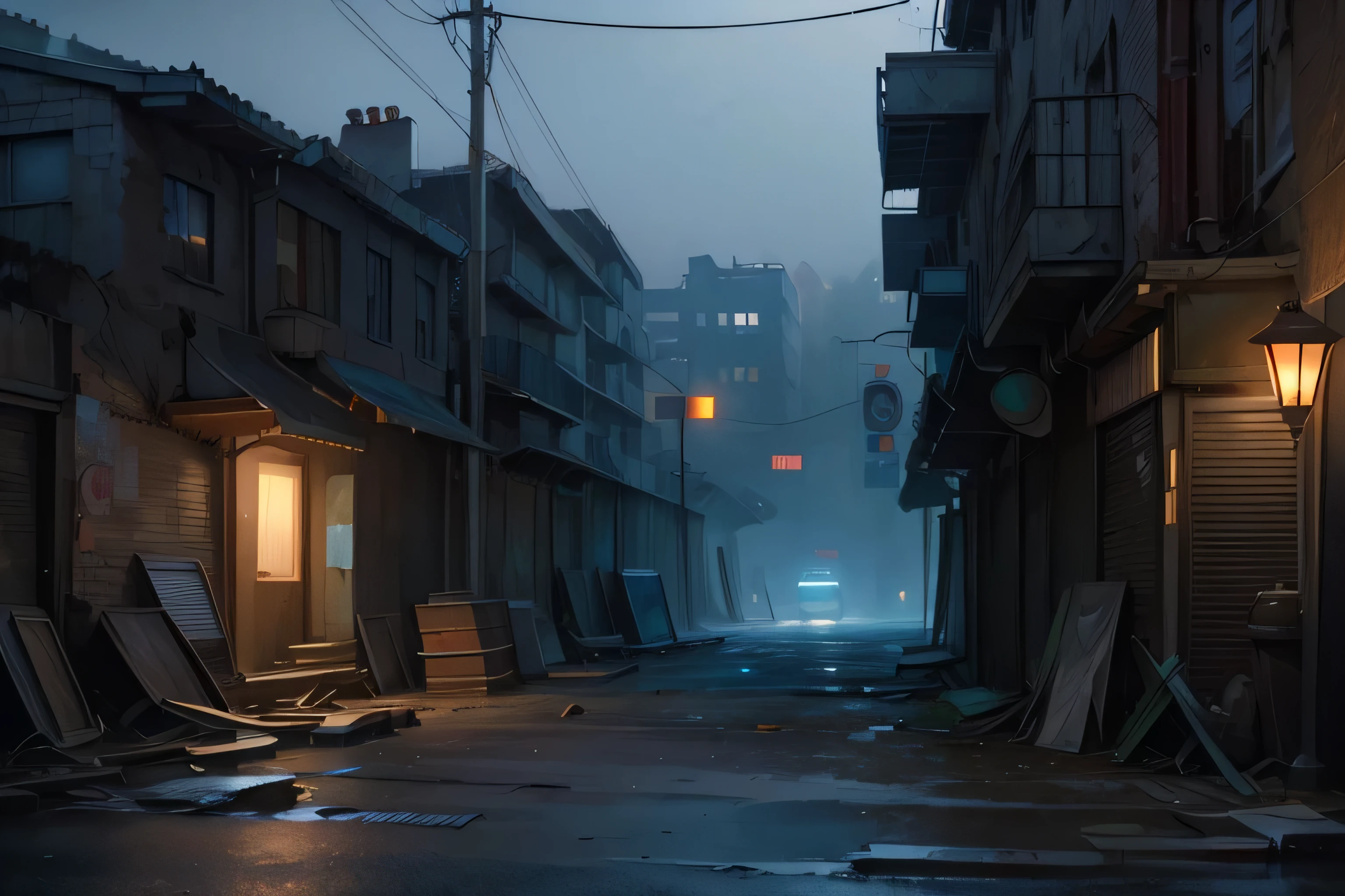 (best quality,4K,high resolution,masterpiece:1.2),Super detailed,(actual:1.37)
deserted alley,at night,Shabby atmosphere,Shadow characters,illuminated by flashing street lights,Dark and eerie atmosphere,Dangerous,Cracked walls,Broken windows,Graffiti covered facade,Overgrown vines climb up the wall,Abandoned shopping cart and trash can,feeling of abandonment and isolation,Neon lights flashing in the distance,desolate and forgotten,Empty streets wind into darkness,Flickering lampposts cast long shadows,Footsteps echoed in the distance,An atmosphere of mystery and danger,Dust particles floating in the air,The ominous silence is interrupted by occasional gusts of wind,Secrets hidden in narrow passages,atmosphere of urban decay,Haunting beauty captured in the dark,Dull but intriguing,photoactual rendition of this atmospheric scene.