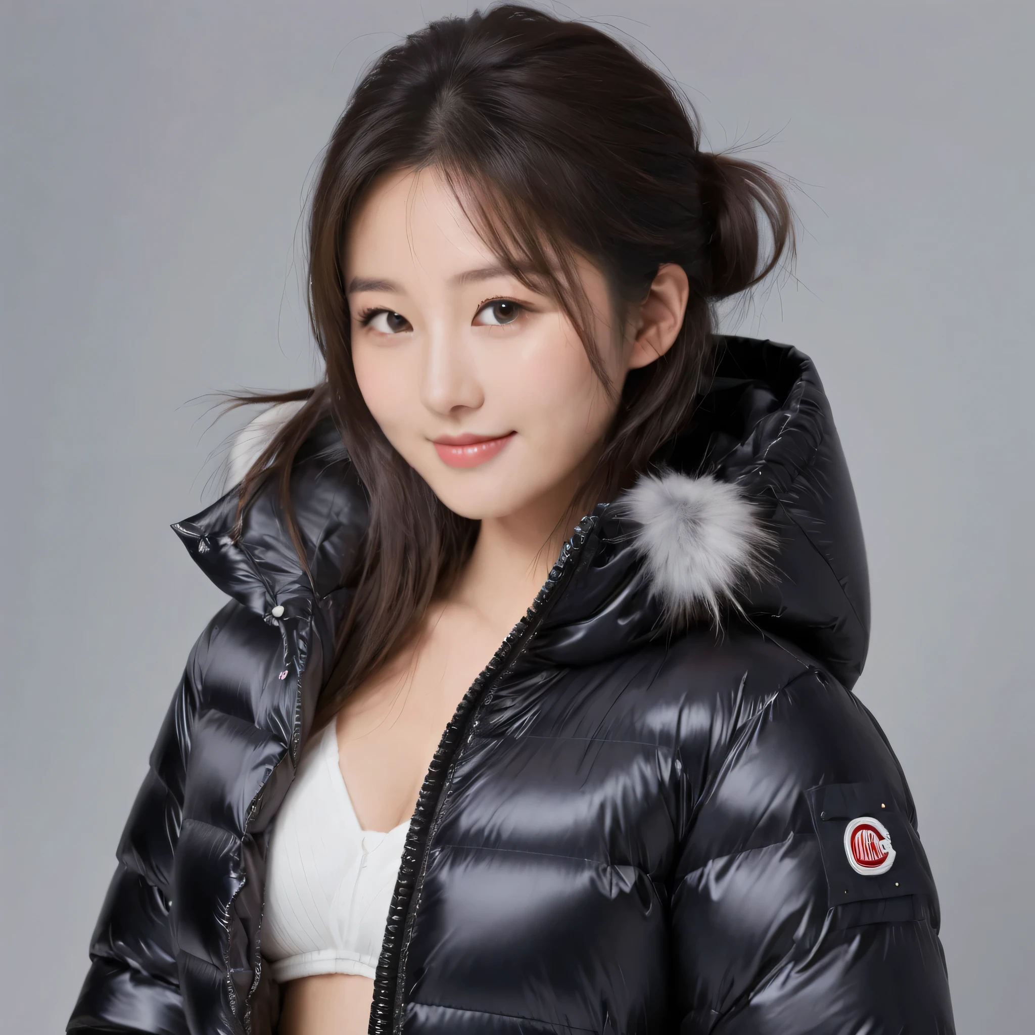 ((best quality)), ((masterpiece)), (detailed), perfect face, beautiful Japanese woman, silk tight black moncler puffer coat, seductive, smiling, happy, curvy figure, ((tight puffer coat)), fur hood, silk bra, large breasts, (open coat), cleavage, thick bra straps
