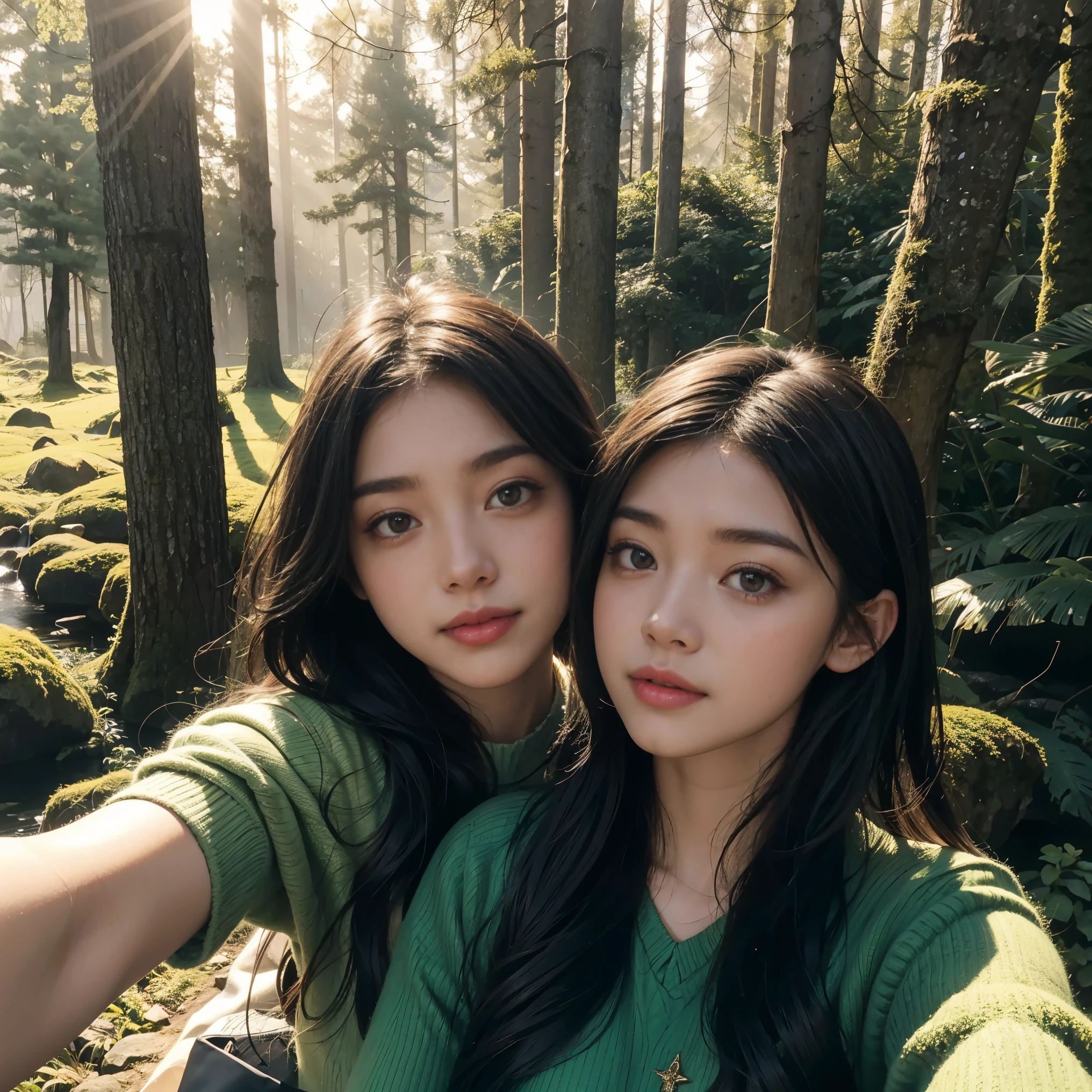 2 girls, 1 girl with layka face long black hair, another 1 girl with engfa face, nature lovers' selfie among fairytale trees" Aventure-se em uma floresta encantada com Olivia, uma entusiasta da natureza, who takes a selfie among towering moss-covered trees. The mystical ambience and stained sunlight create an ethereal and magical selfie experience.