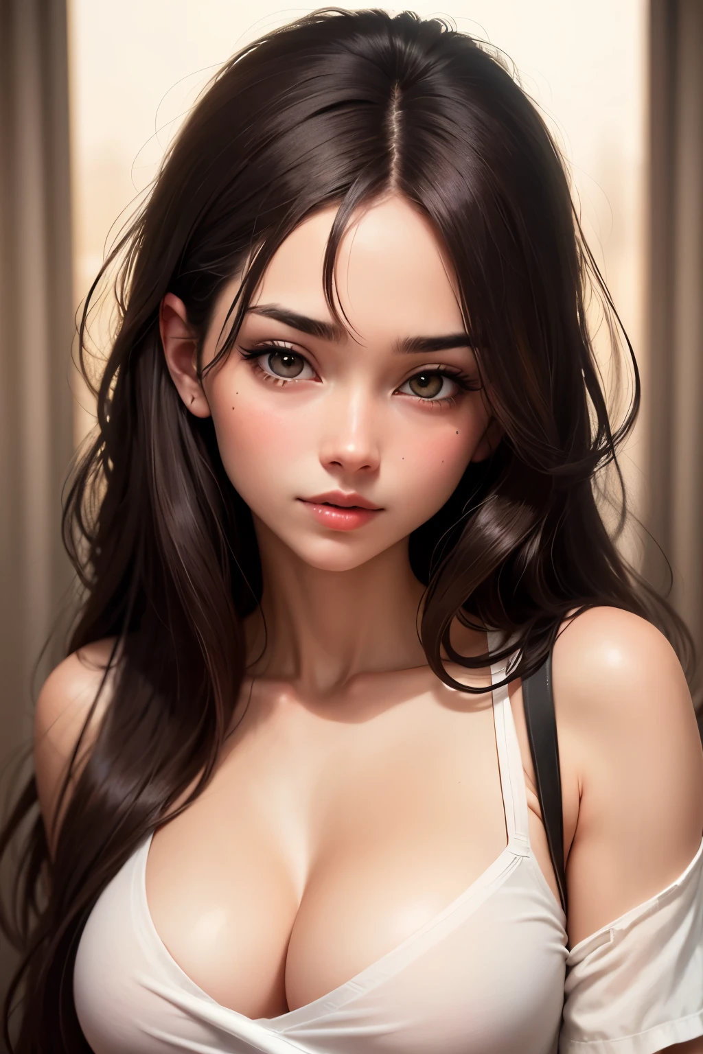 Sexy and cute woman, black brown hair, long hair, straight hair, weak eyes, blushing intensely, lips parted, ready to kiss, long oversized white shirt