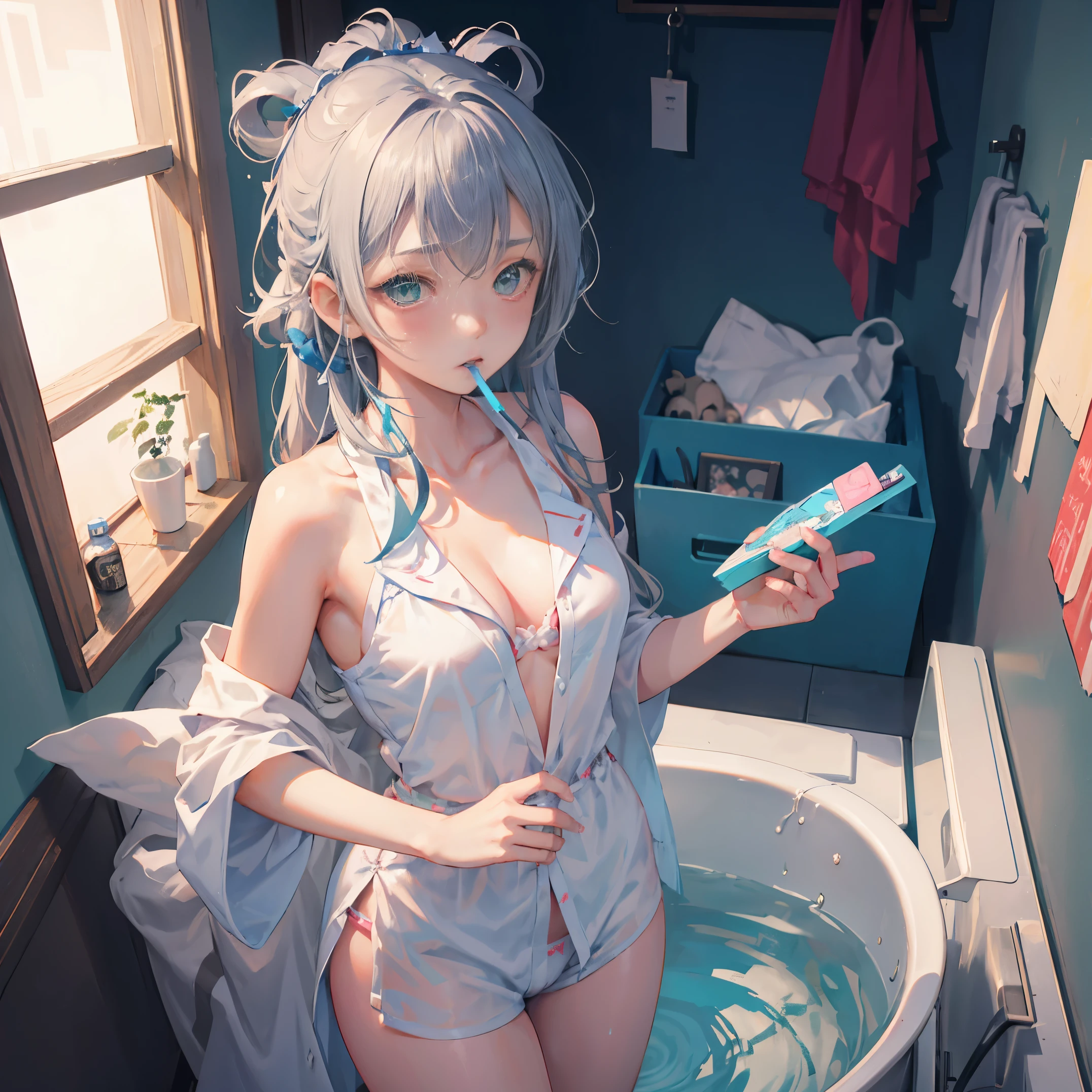{{luo tianyi}}}, {amazuyu_tatsuki,shiro9jira},ciloranko,ask_(askzy),novelace,{wlop, reoen},{alphonse_(white_datura)},miv4t,[[tianliang duohe fangdongye]],year_2023,Cowboy Shot,upper body,pov, masterpiece, high quality, anime style, {solo}, {{1girl}}, {{toothbrush in right hand, condom in left}}, brushing her teeth, green eyes, gray hair, {bear pattern underwear, pajamas, untidy clothes, open clothes, cleavage, overleepy expression, zzZ, thin body, sexy, {{large medium breasts}}, {tall build}, high height, {in the toilet