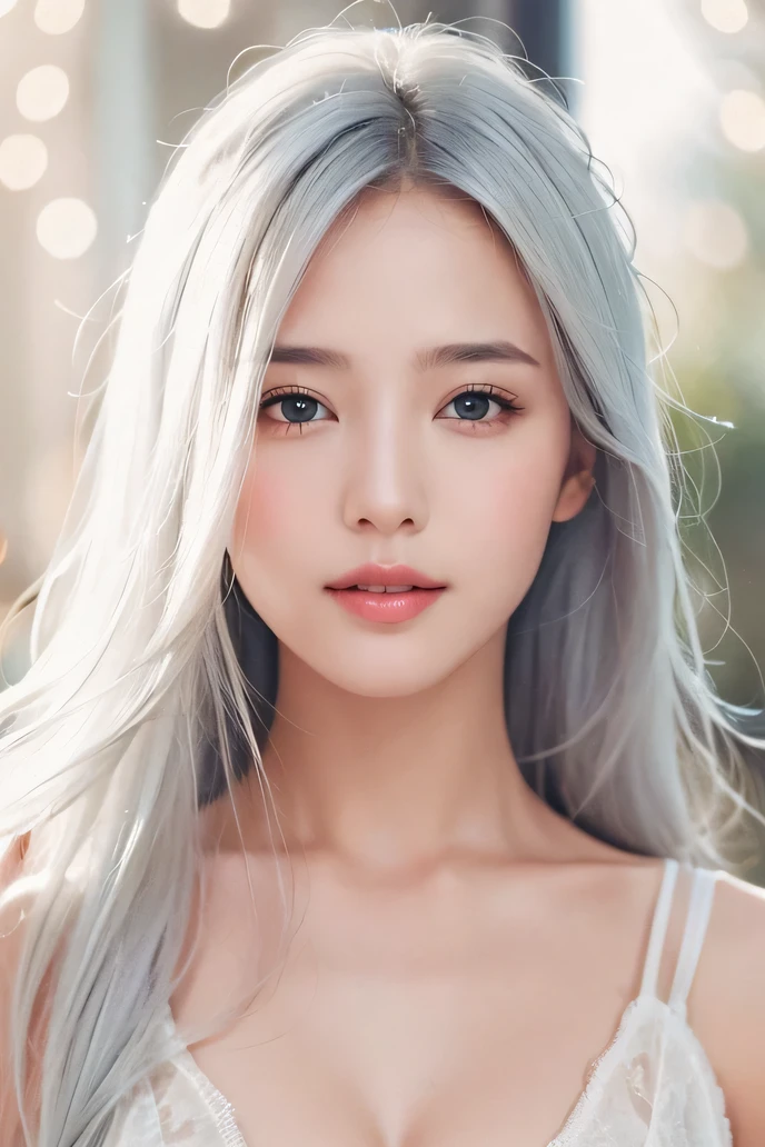 Gal、Korean Beauty、Swimwear、front、Looking up angle、Straight Hair、Very large breasts、Silver Hair、Textured skin, High resolution,High-resolution model,
