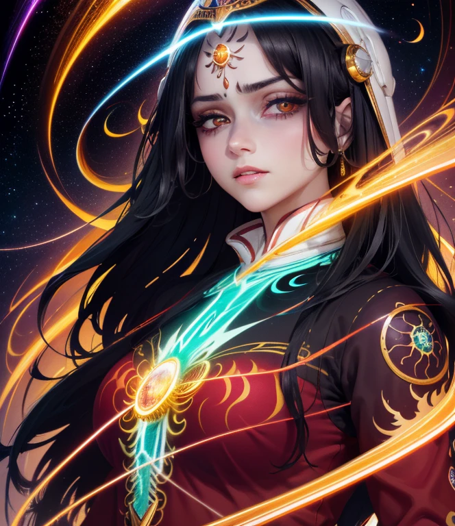 (masterpiece, top quality, best quality, official art, Beautiful and beautiful:1.2), (1 girl with long black hair), extremely detailed eyes, (fractal art:1.3), rich and colorful, most detailed, (perfect face), shiny skin, human development report, (universe:1.2), galaxy, (light streaks), Eye-catching visuals, (dynamic streaks, glow trail:1.2), bright colors， (dragon)