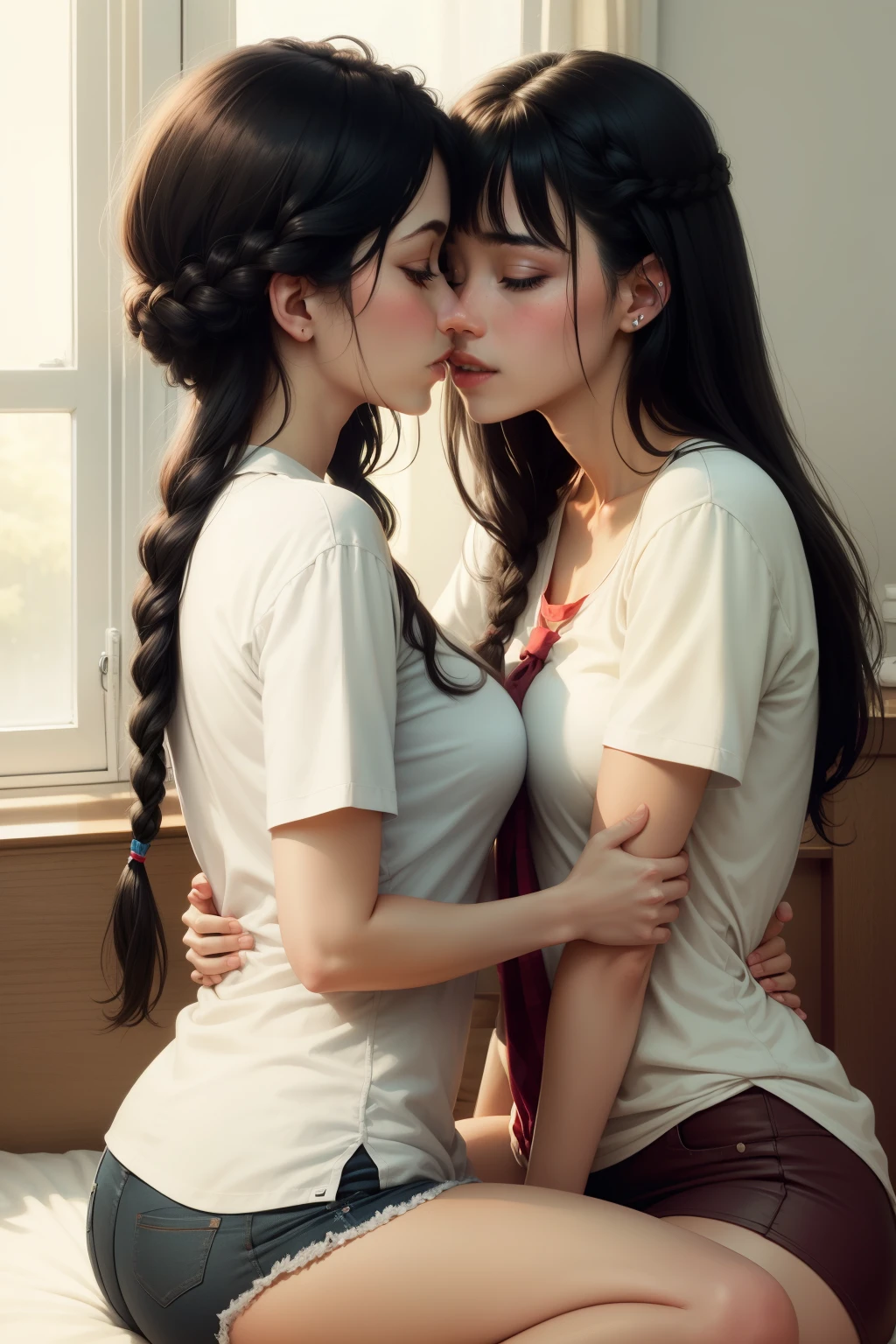 Sexy woman wearing a shirt and black hair braided hair who is sitting on the bed kissing a girl wearing a shirt and black hair braided hair who is sitting on the bed