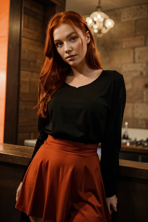 Da ist eine Frau mit roten Haaren und einem schwarzen Kleid, with red hair and green eyes, red-haired girl, cute young red-haired girl, red-haired girl, roter Kopf, portrait of a red-haired girl, mit lockigen roten Haaren, beautiful young model, beautiful portrait lighting, sie ist rothaarig, Girl with red hair, eine rothaarige junge Frau, flowing reddish-brown hair, red-haired goddess, inside a night club