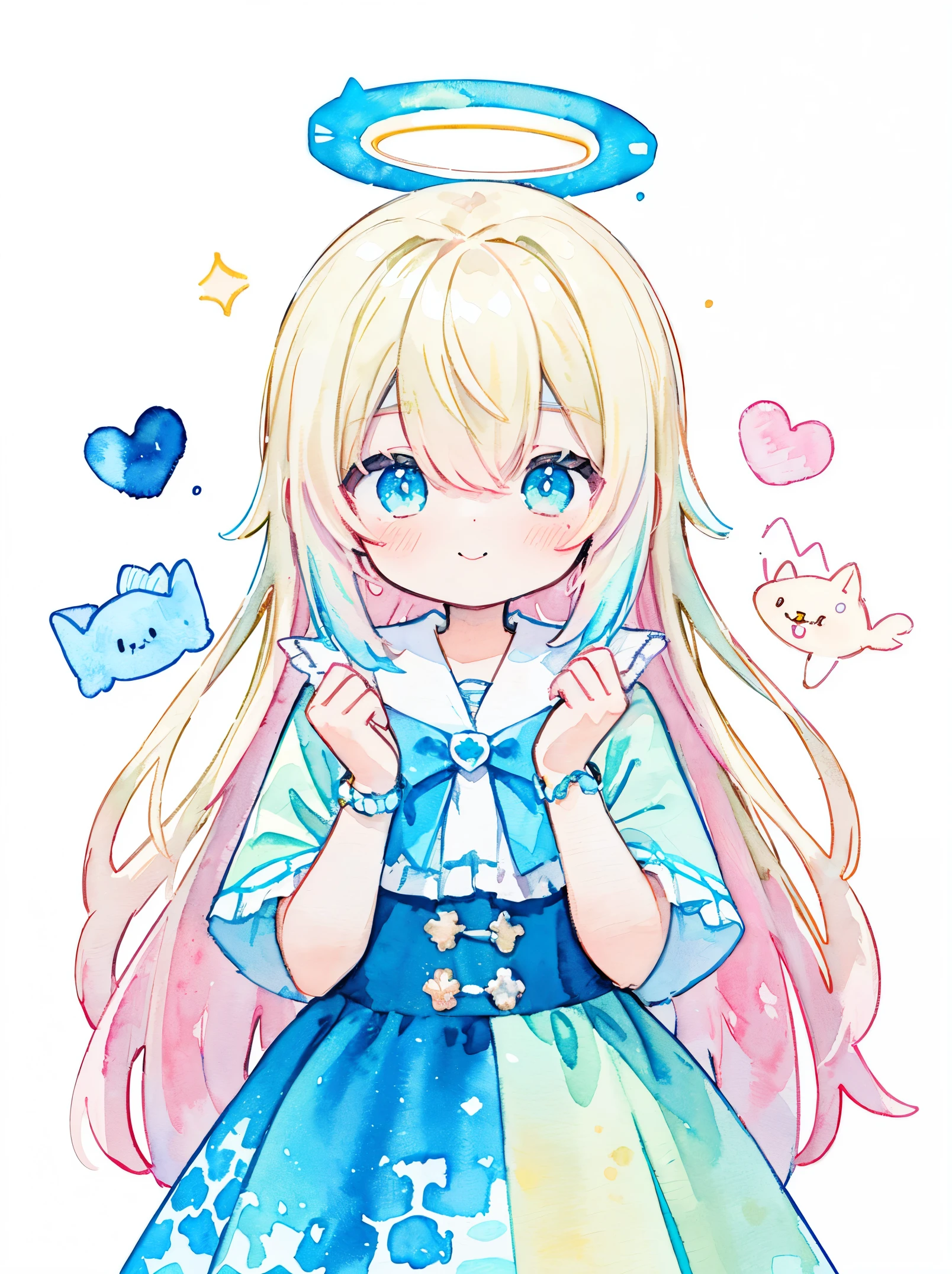 (Pastelcolors:1.5)、(cute illustration:1.5)、(watercolor paiting:1.2)、(1 girl:1.0)、hair between eyes、(color: 1.5), (cute illustration: 1.5), (watercolor: 1.2), (1 girl: 1.0), (1 girl: 1.2), hair between eyess, White background, girl, whole body espian, angel girl, with a halo on his head, tutu skirt design, angel design, style, Double layer blue dress, twinkling heart, swaying blonde hair, haze, Smile