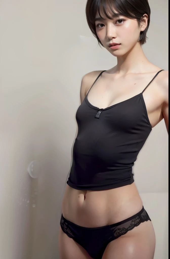 feminime man, showing chest, showing crotch, flat chested, very short hair, no pants,