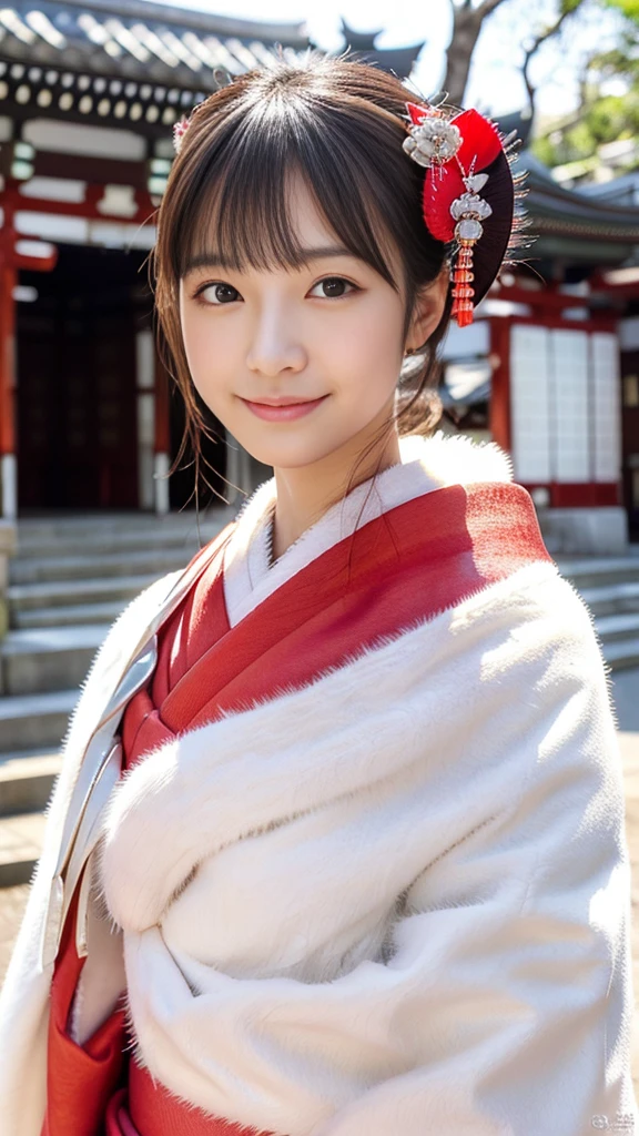Coming of Age Day celebration in Japan,Japan coming-of-age ceremony,A sunny shrine,Approach,torii,beautiful and magnificent composition, 1girl,full body,standing,wears an ornament on the head,Japanese traditional hair set,kanzashi,"Kyoto Kimono Yuzen furisode:1.5),(Red Kimono :1.5),(wearing a white fur shawl around her neck:1.5),best quality,In 4K,8K,High resolution,muste piece:1.2,Reality,anatomically correct,Use natural light and color,ultra-realistic capture, extremely detailed,人間の皮膚のHigh resolution16kクローズアップ,Skin texture must be natural, Enough detail to finely identify pores,healthy white skin,highly detailed eyes and face,beautiful detailed eyes,beautiful detailed lips,long eyelashes,It's photorealistic:1.37,Japanese,muste piece,Attractive,cute type,silky smooth hair,A sloppy smile,((silver hair color)), arm up,