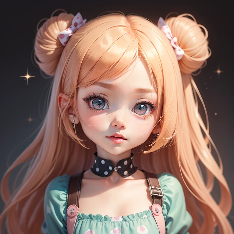 perfect-composition、Perfect pictorial composition、Cartoon girl with long hair、cartoon artstyle、Cartoon Cute Girl、Chibi Girl、Chibi、cute cartoon style、Cute art style、Cartoon style、Cartoon style illustration、Digital art of cartoons、Cute digital art、Cute anime girl、Chibi、estilo chibi、Kawaii Girl、an anime drawing、pop-art、Cartoon style illustration、3Equivalent、Head large、kawaii eyes、Glitter eyes、Sparkling eyes、kawaii faces、Innocent face、smooth hair、a blond、Golden hair、Pink ribbon、Girl in polka dot dress, cute kawaii girl, Cute anime girl, The upper part of the body、Oblique、Pink background、tchibi、Has a small、Mini、Chibi
