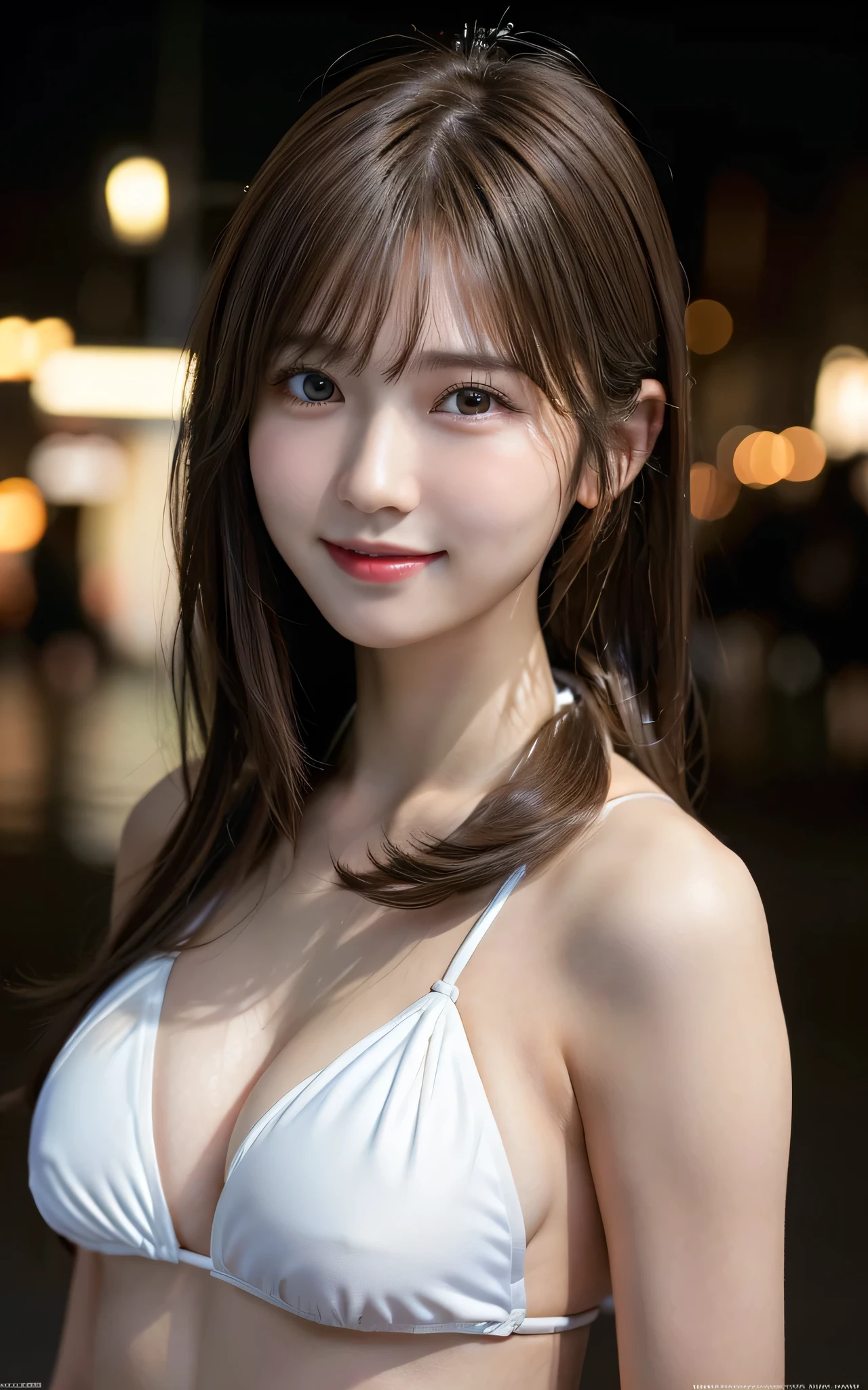 1 Japanese girl,(bikini:1.4),(wears a large muffler around his neck:1.2), (RAW photo, highest quality), (realistic, Photoreal:1.4), table top, very delicate and beautiful, very detailed, 8k wallpaper, wonderful, finely, very detailedCGユニティ, High resolution, soft light, Beautiful detailed 19 year old girl, very detailed目と顔, beautifully detailed nose, beautiful and detailed eyes,cinematic lighting,city light at night,perfect anatomy,slender body,smile (hair is dirty, asymmetrical bangs, light brown hair,)