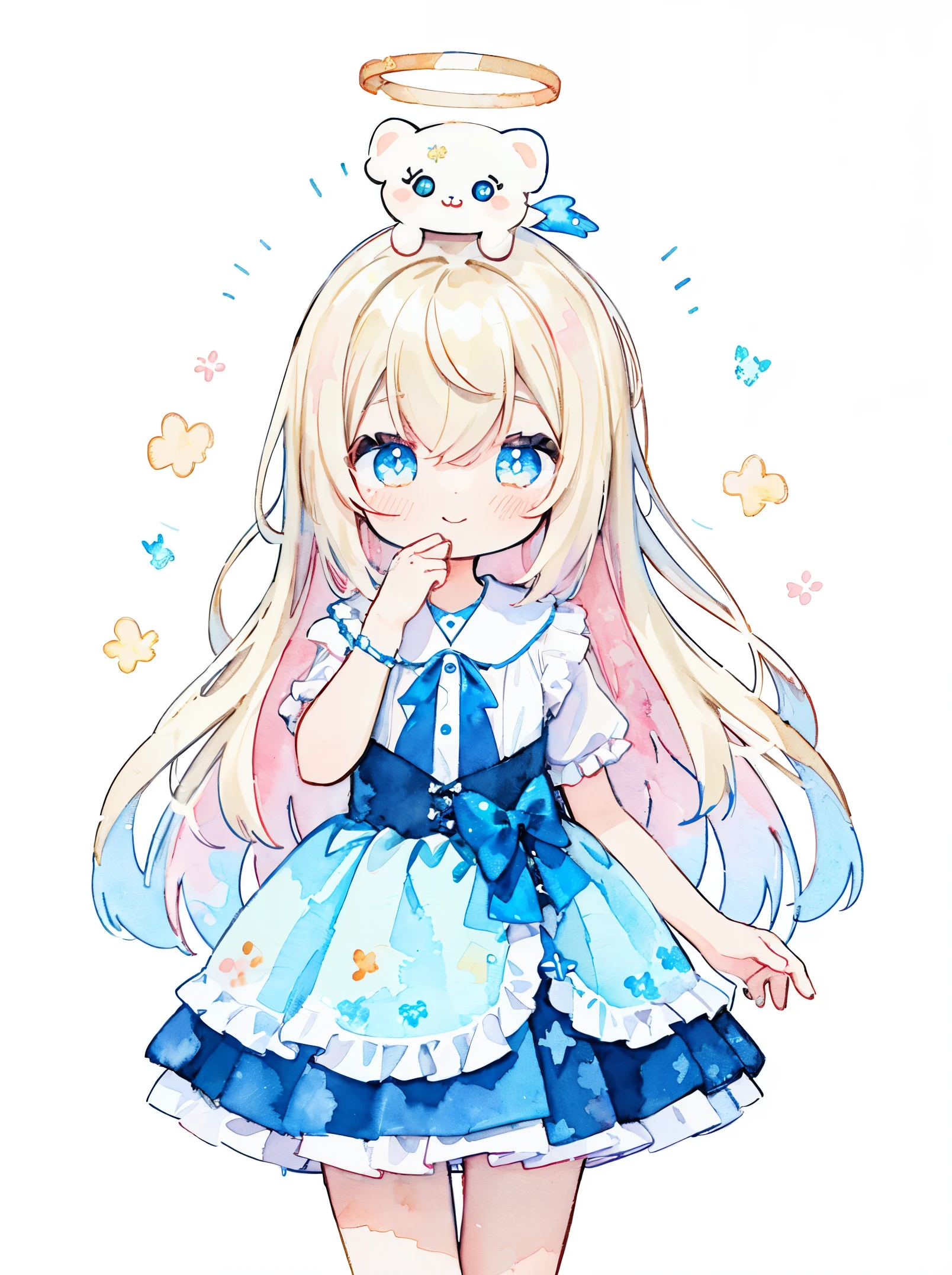 (Pastelcolors:1.5)、(cute illustration:1.5)、(watercolor paiting:1.2)、(1 girl:1.0)、hair between eyes、(color: 1.5), (cute illustration: 1.5), (watercolor: 1.2), (1 girl: 1.0), (1 girl: 1.2), hair between eyess, White background, girl, whole body espian, angel girl, with a halo on his head, tutu skirt design, angel design, style, Double layer blue dress, twinkling heart, swaying blonde hair, haze, Smile