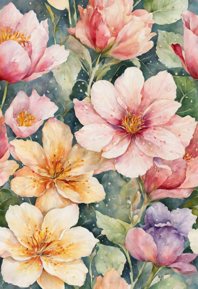 (best quality, 4k, 8k, high resolution, masterpiece:1.2), ultra-detailed, (realistic, photorealistic:1.37), vibrant watercolor flowers, assorted blooms, delicate petals, soft watercolor wash, (watercolor paper texture:1.1), (lush foliage:1.1), interplay of light and shadow, (sunlit:1.1), (dew drops on petals:1.1), (varied flower species:1.1), botanical illustration, (rich color palette:1.1), (soft edges:1.1), (depth of field:1.1), (artistic composition:1.1), (harmonious arrangement:1.1)