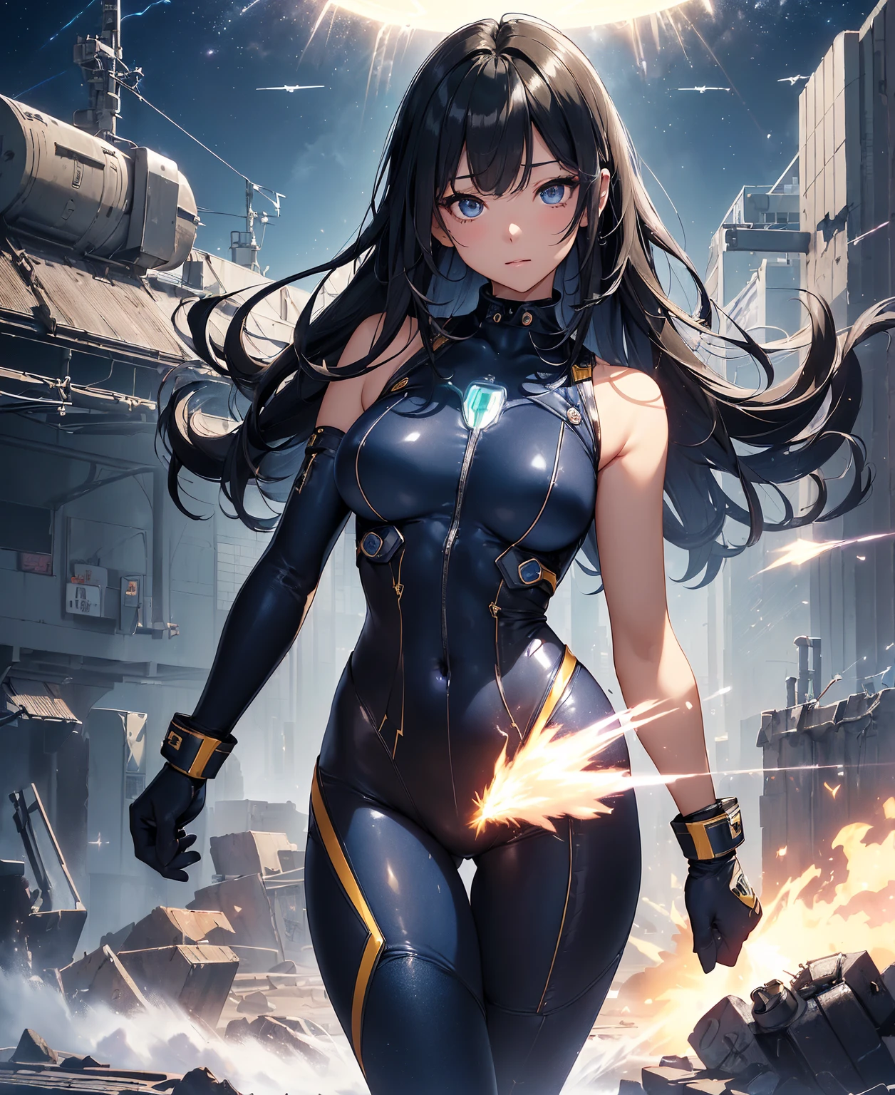 BREAK、(look at the audience、(若いcute美しい18歳の女の子:1.1)、Japanese faces、small face、3d face、beautiful girl、beautiful face、cute、Girlface、Kpop idol、Supermodel、Stunning innocent symmetrical face、perfect body、thin slim waist、make your legs thinner、(high detail skin:1.2)、shining eyes、goddess、natural skin texture、shiny skin、white skin、美しいdetailed face、detailed face、real skin texture、cute繊細な顔、detailed face、golden ratio、golden ratio率顔、gentle smile、soft expression、Expressive Ace Perfect、perfect skin、clear face、shiny hair、natural makeup、beautiful bright pupils、eyes are blue:1.3、Slender body shape、complicated eyes、long eyelashes、blush、good hand、perfect hands、clean face、Fine-grained skin、油性のshiny skin、(((((navy blue and black tight bodysuit、tight fitting clothes、clothes that cover the whole body、clothes that hide skin、gentle smile、Knee-high boots、(gloves up to the elbow:1.8)、(Clothes that hide the thighs:1.8)、(clothes that hide the legs:1.8)、exoskeleton、Science fiction、dark blue hair、high knot ponytail、very long hair、(human body as a whole:2)、(lightning discharge lightning effects:1.2)、(Electrocution:1.3)、Hold the gun、battle、(electric sparks、spark of light、Flying bullets、Dodge bulletuildings hit by missileuture technology drones hit laser weapons:1.3)、adventurous look、starry sky、colorful refraction、ワームホールのような幻想的なWind景の世界、cyber punk、Manufacturing of metal textures、neon light、(night time:1.4)、Wind、rembrandt lighting、space warp、A gathering fog、Pixel art、game art、Key Visual、Surreal、PBR texturing、Anisotropic filter for maximum clarity and sharpness、Albedo and specular maps、multilayer texture、surface shading、subpixel convolution、Accurate simulation of light-material interactions))))、(Pure Eros Face_v1:0.5)、(Ulsan-6500:0.5)、(ticker:0.6)、Facing the viewer、dynamic angle、dynamic action、dynamic action、(dynamic pose:1.2)、Kick Pose、Hit Action Pose、hit,prepare a sword,riding on motorcycle,head tilt,Legs in your own embrace,Sit leaning against the wall))、(Time Machine、Computer、skyscraper gun、weapons of the future、(Backpack:1.1)、Real World、Plankton rattle field、volumetric fog、gray fog、cigarette、 explosion、apocalyptic、destroyed city background、burning building:1.3、splash of water、starry ski、huge moon、Earth、destroyed giant robot、radio tower、airplane flying overhead、shooting star rocket truck、broken car、derailed train、tank、giant weapon、electronic equipment、Luminous mechanism)