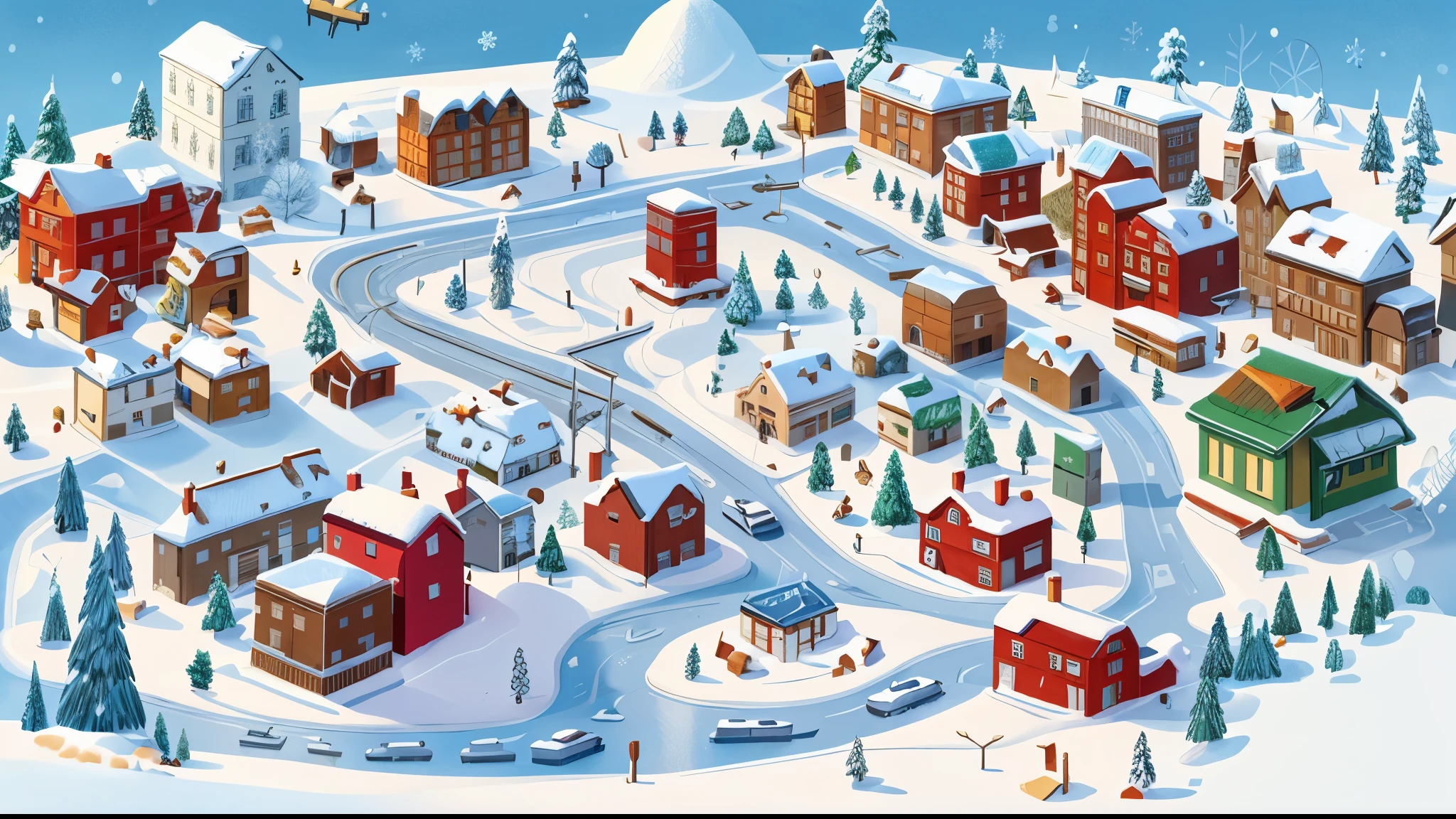 illustration of a small town in the middle of a snowy landscape, detailed scene, highly detailed illustration, detailed 3d illustration, city snowing with a lot of snow, higher detailed illustration, small town surrounding, small city, snow, stylized digital illustration, an illustration, high resolution