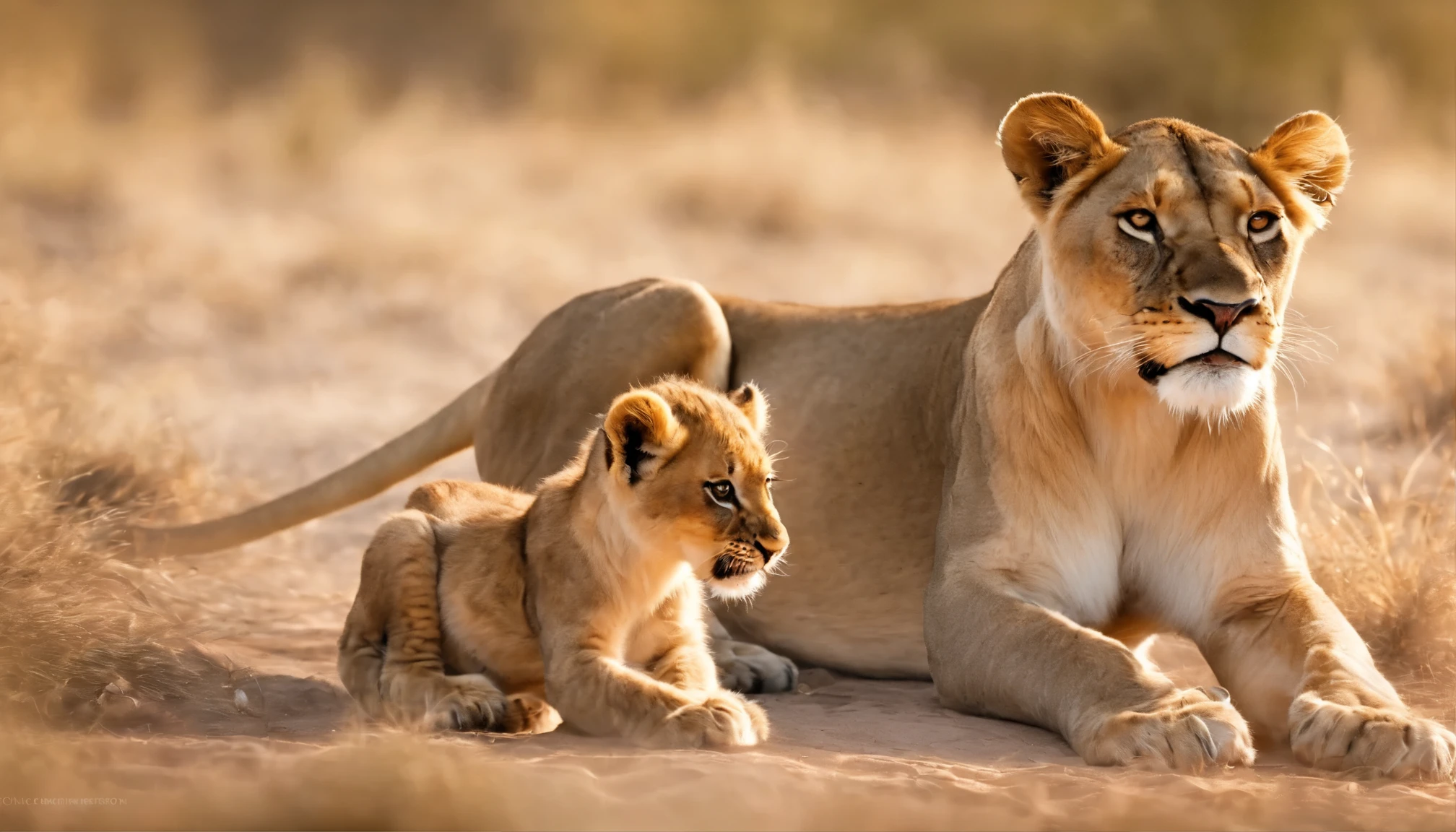 Aggressive lioness with teeth showing, growling, with short hair and big almond-shaped eyes with one cute tiny lion cub, looking directly at the camera, on a white background