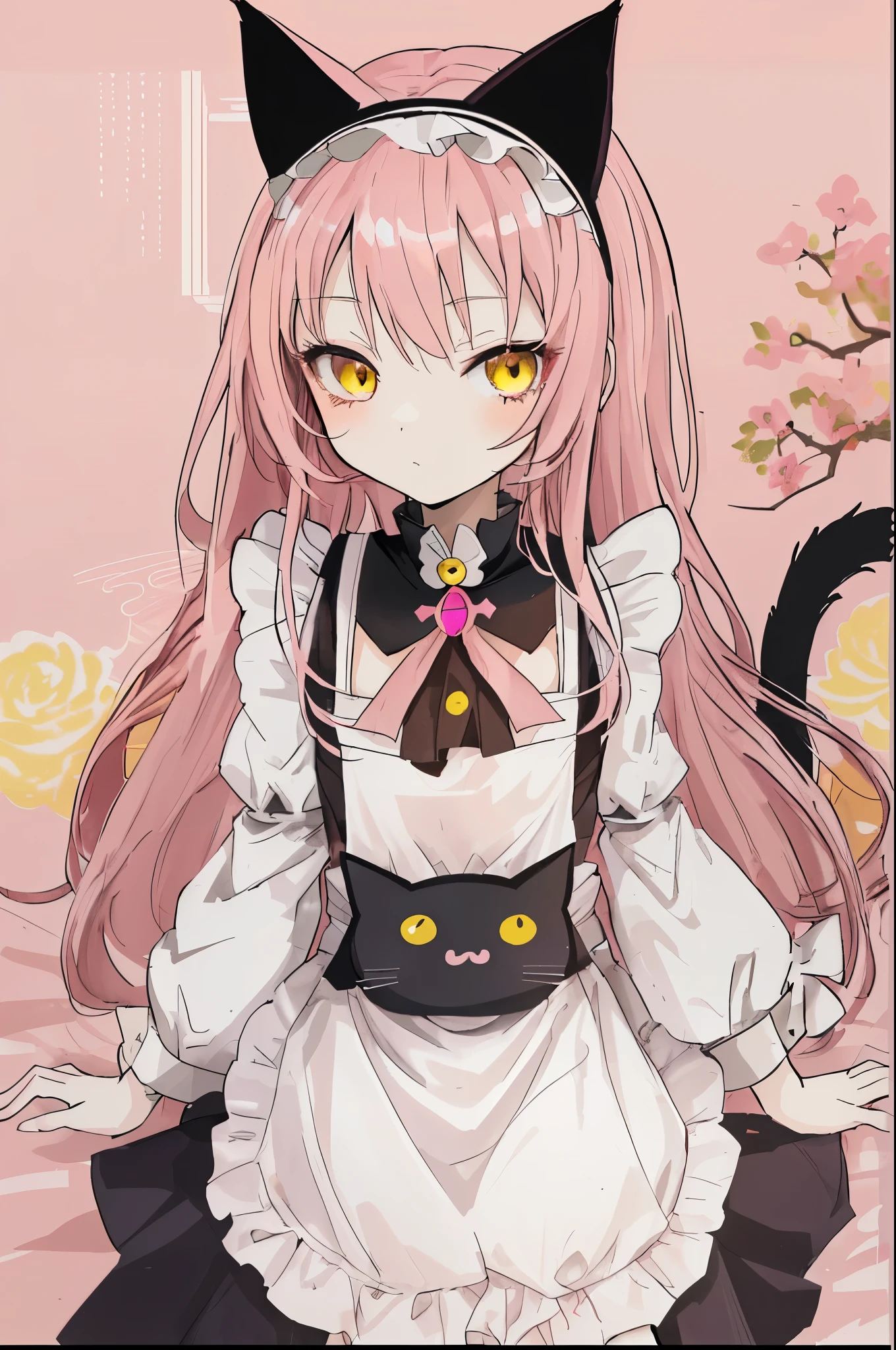 cute anime girl with long pink hair and yellow eyes, small chest size, short height, slim body, wearing white maid outfit and cat headband. no background