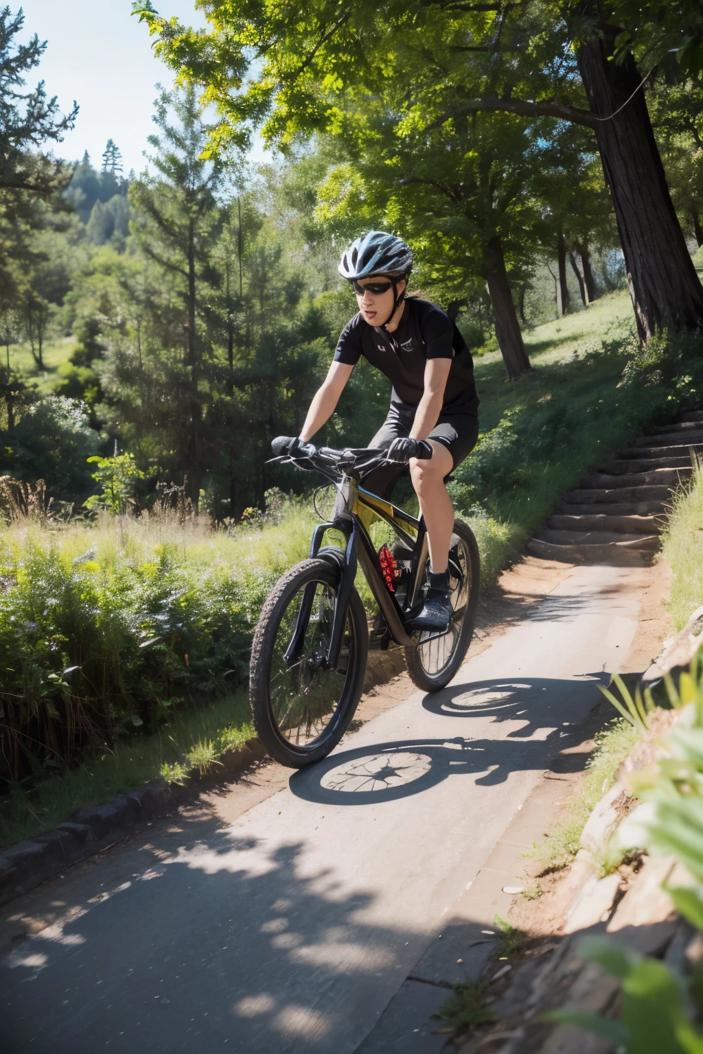 One person rides a bicycle and rushes down a high slope