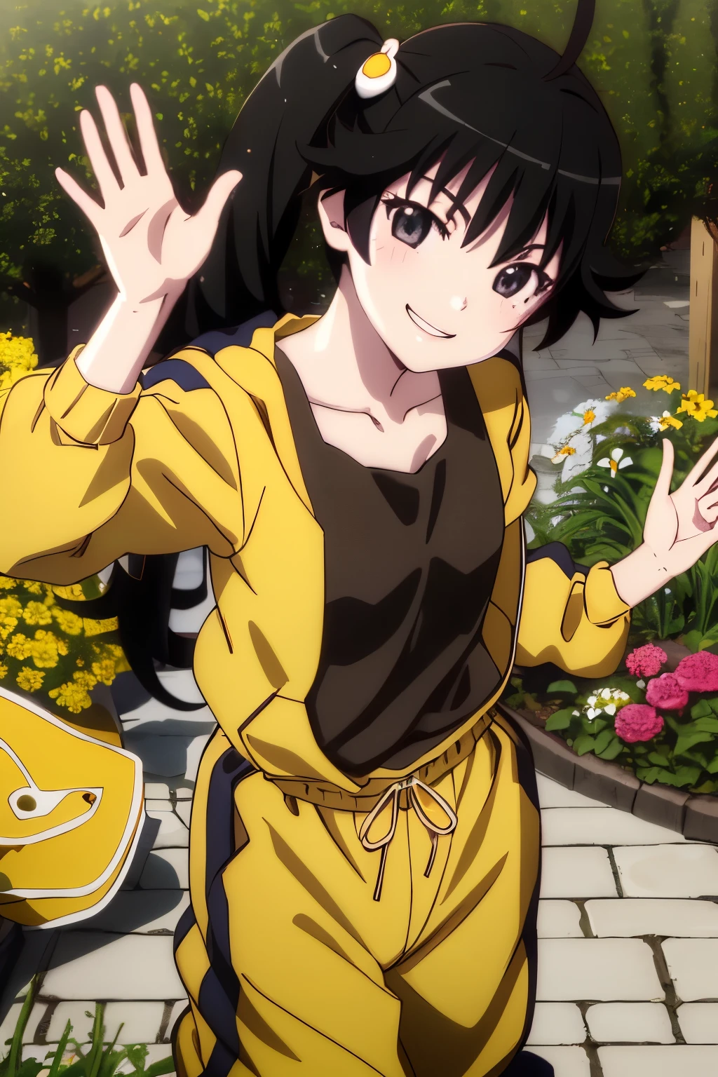 masterpiece, highest quality, ultra high resolution, highest quality, anime style, best writing, beautiful face, 1 girl, alone,  Ren Araki, long hair,  side ponytail, Ahoge, (yellow tracksuit:1.3), Yellow pants,  shorts, black tank top, Egg garnish.
garden, flowers, wood,  close up face, smile, night, waving,
