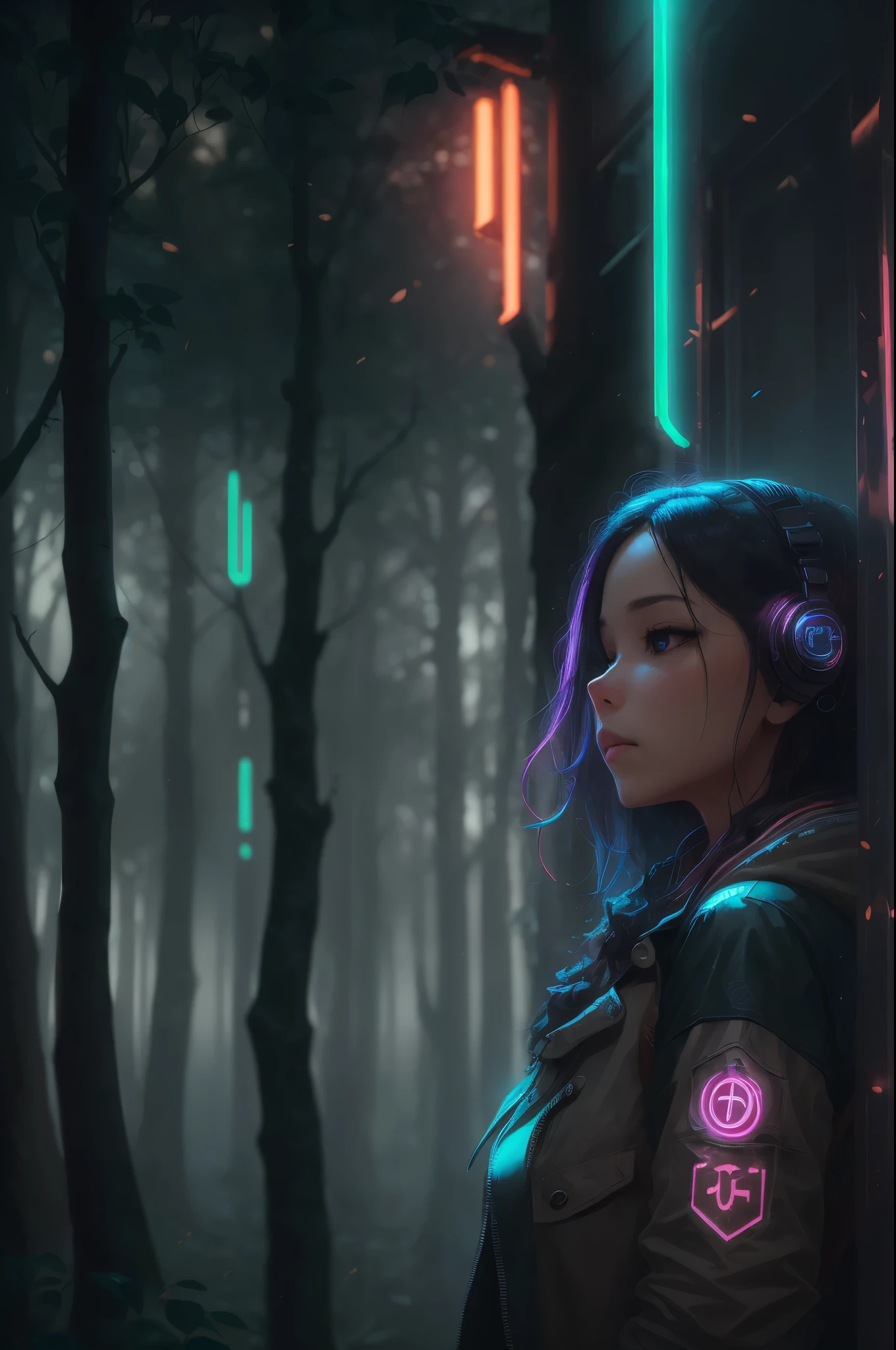 RAW Photo of shamanic woman in a cyberpunk forest with neon lights mist and fog in the atmosphere C7b3rp0nkStyle woman, cyberpunk style, photorealistic, (Masterpiece:1.3) (best quality:1.2) (high quality:1.1)  --auto --s2