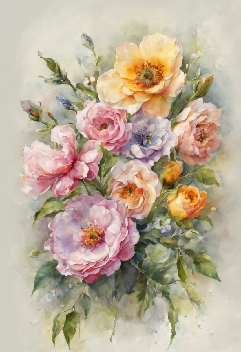 (best quality, 4k, 8k, high resolution, masterpiece:1.2), ultra-detailed, (realistic, photorealistic:1.37), vibrant watercolor flowers, assorted blooms, delicate petals, soft watercolor wash, (watercolor paper texture:1.1), (lush foliage:1.1), interplay of light and shadow, (sunlit:1.1), (dew drops on petals:1.1), (varied flower species:1.1), botanical illustration, (rich color palette:1.1), (soft edges:1.1), (depth of field:1.1), (artistic composition:1.1), (harmonious arrangement:1.1)