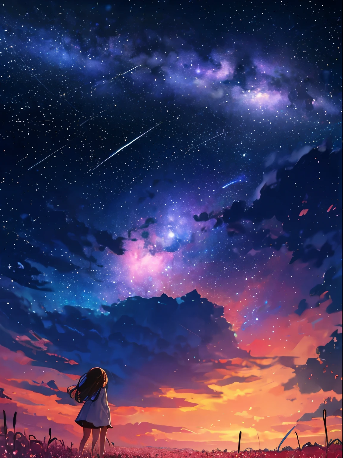 A girl girl wearing summer wear staring at the stars, (zoomed out:1.1), (meteor shower:1.2), (comet:1.1), low angle, from behind, aroura borealis, shooting star, cherry blossoms, standing in a field, best quality, masterpiece, cloud, colorful, starry, stars,